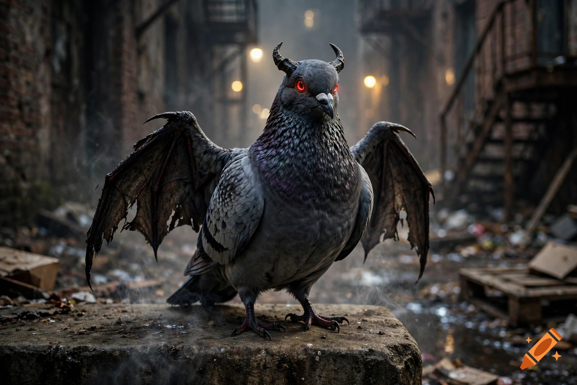 Photorealistic image of a demon pigeon with small horns and glowing red eyes, standing on a stone ledge in a dark alleyway.