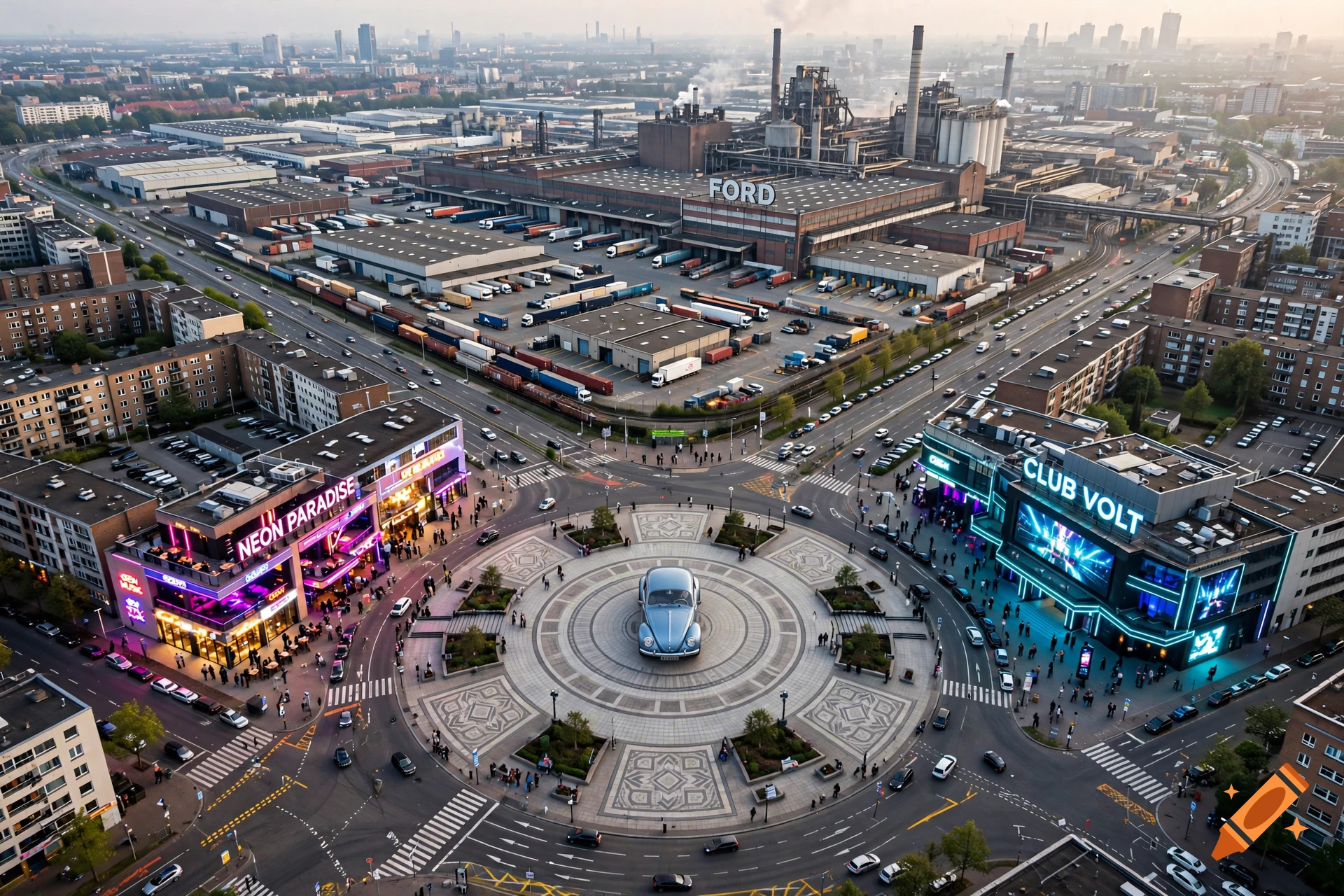Aerial view of a city traffic circle with a vintage car in the center, surrounded by buildings and a large factory in the background.