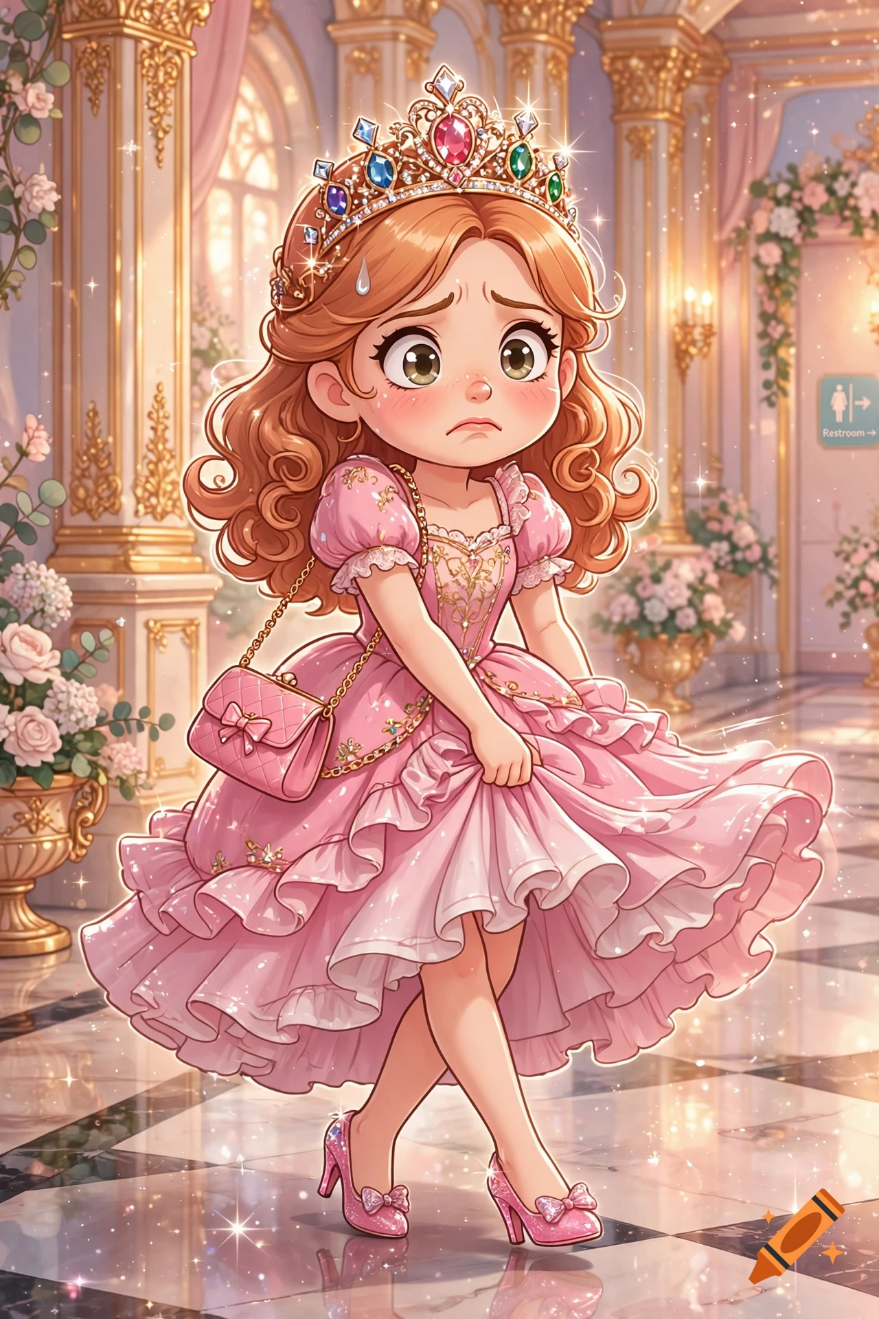 Cartoon princess with a tiara and pink dress holding up her skirt, looking distressed in a palace corridor.