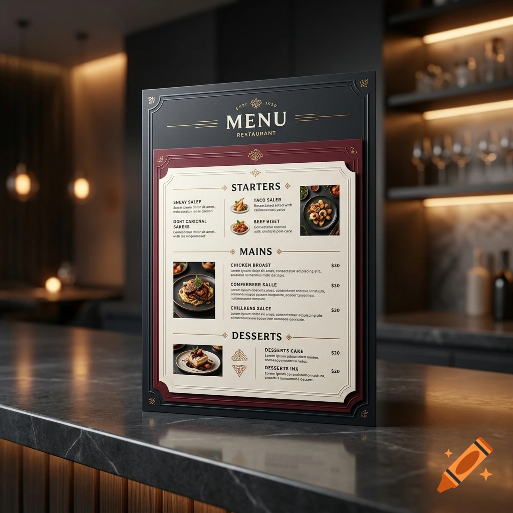 Close-up of a 3D restaurant menu stand on a marble counter in a dimly lit modern interior.