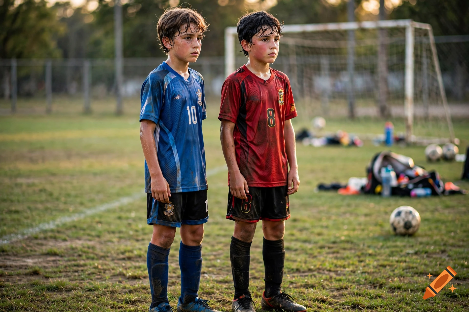 Photorealistic image of two sweaty young boys in soccer uniforms standing on a field.