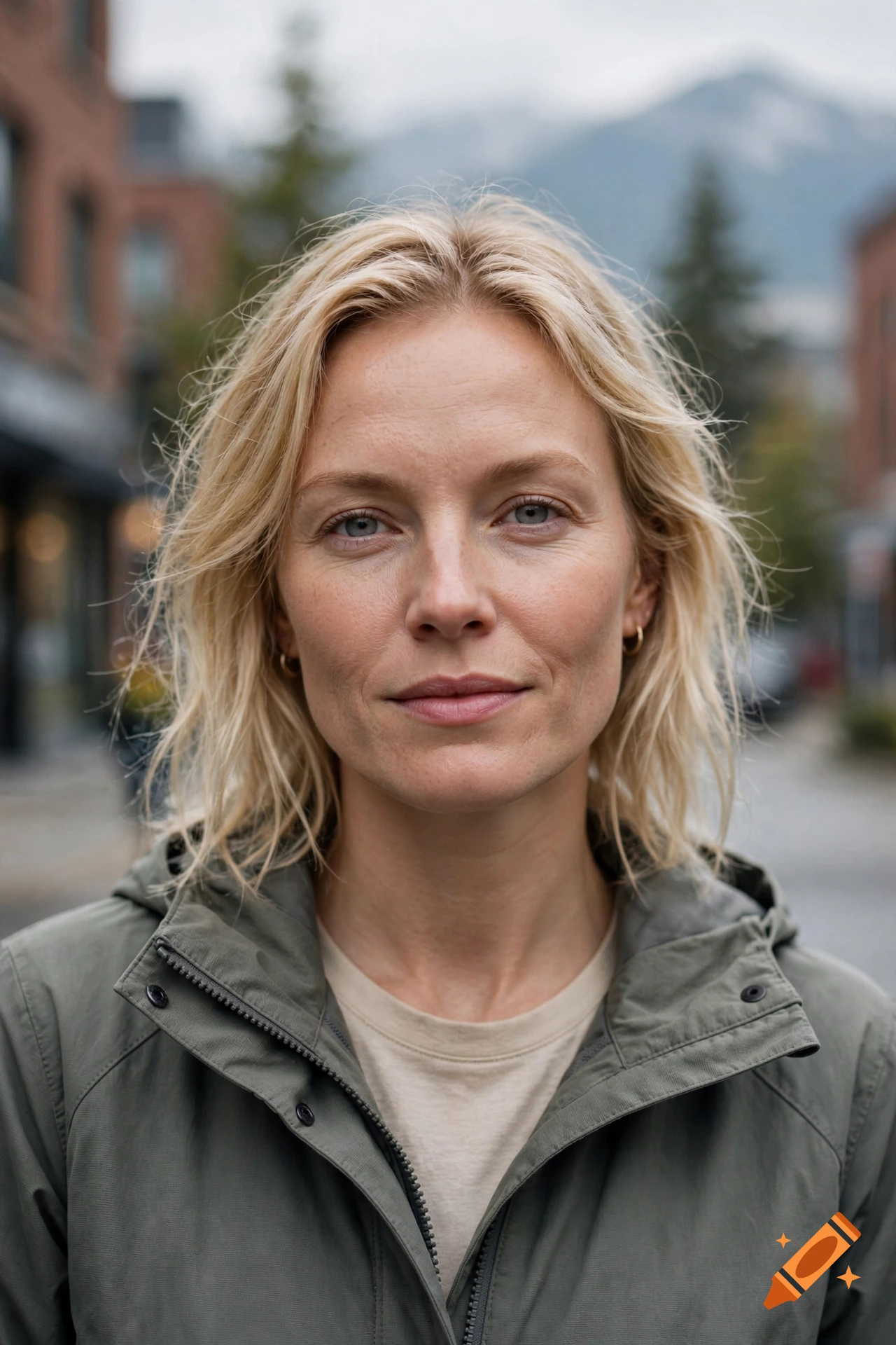 Close-up photorealistic portrait of a blonde woman wearing a green jacket outdoors.