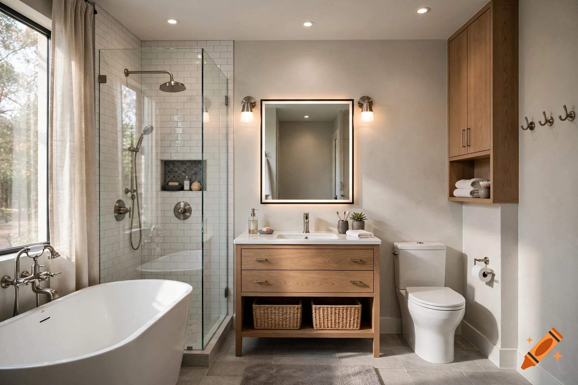 Modern minimalist bathroom with a freestanding tub, glass walk-in shower, wooden vanity, and neutral tones.