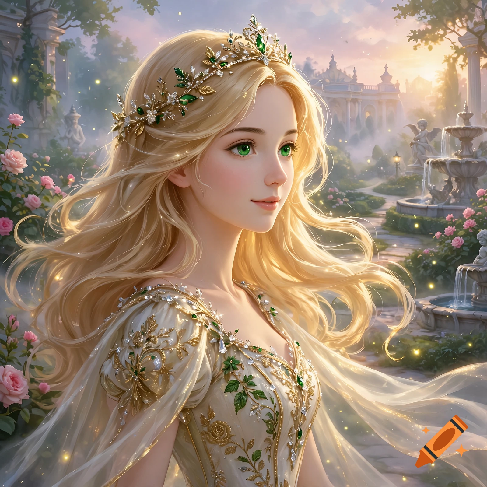 Digital painting of a young blonde princess with green eyes wearing a gold tiara and ornate dress in a garden with a fountain.