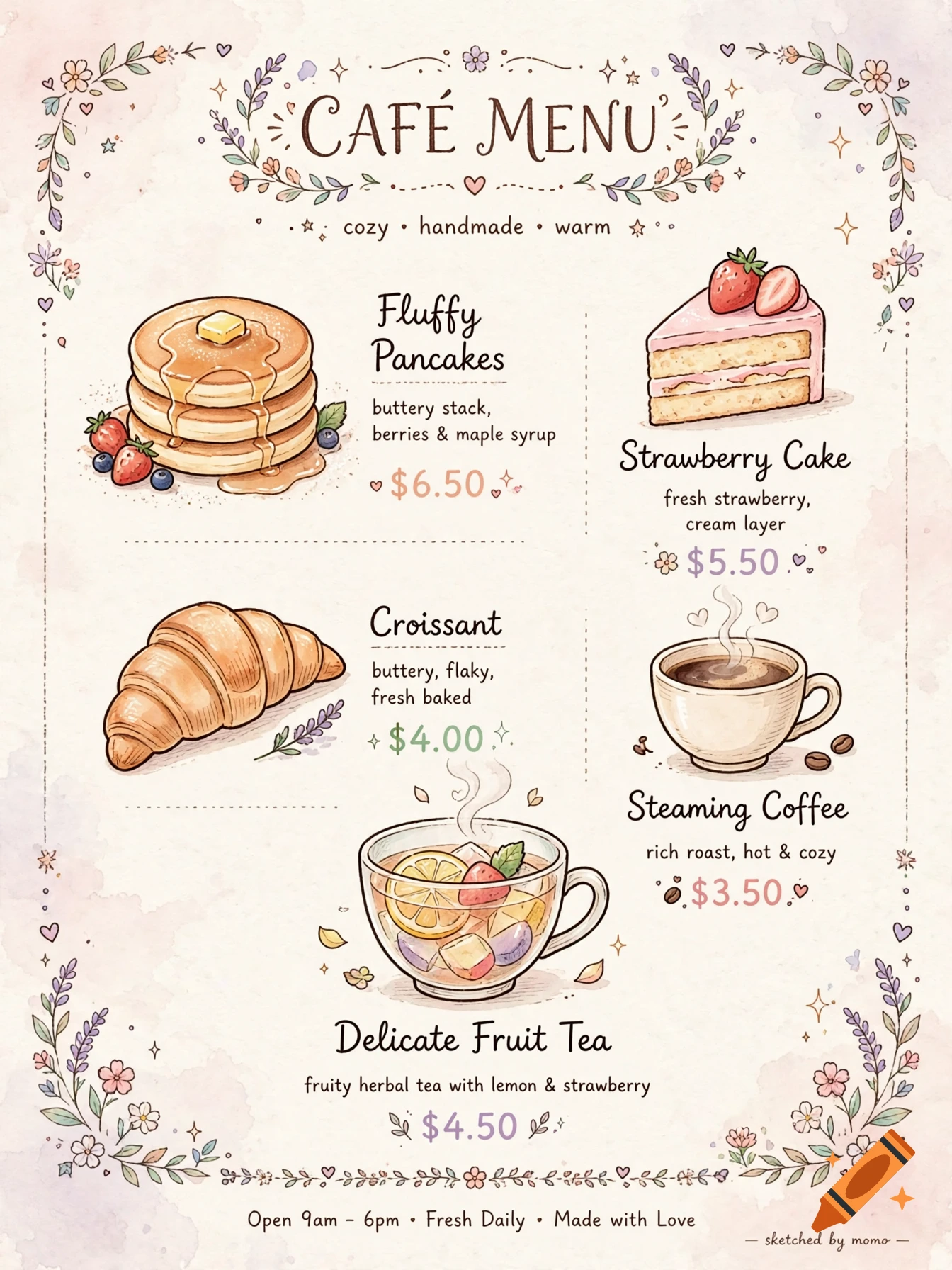 An aesthetic pastel watercolor cafe menu featuring illustrated pancakes, cake, croissant, coffee, and fruit tea with prices.