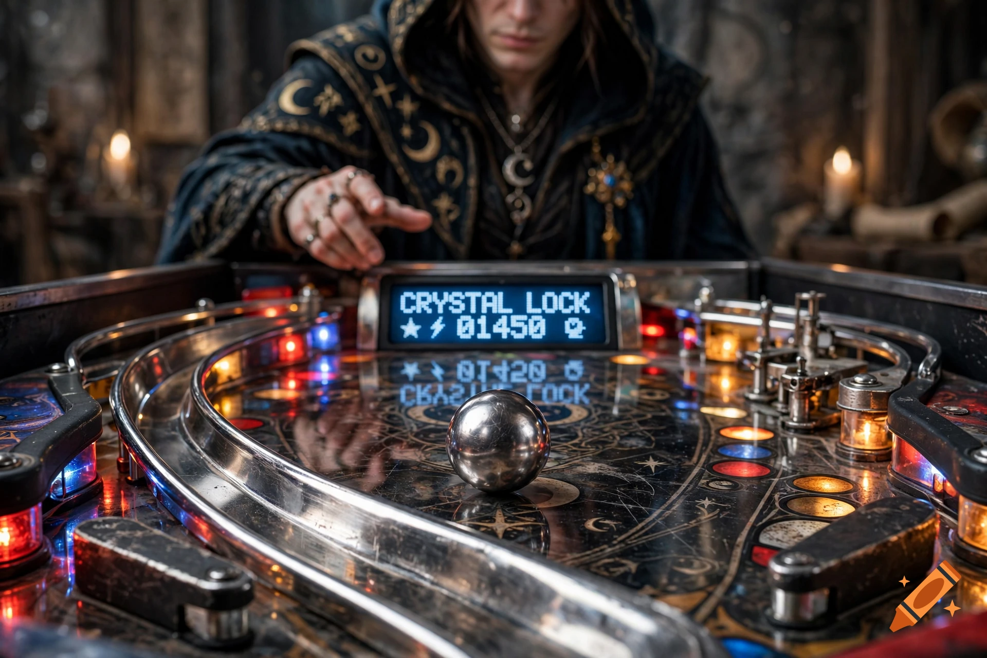 A fantasy-themed pinball machine with a steel ball and a glowing digital display reading Crystal Lock, operated by a dark-robed figure.