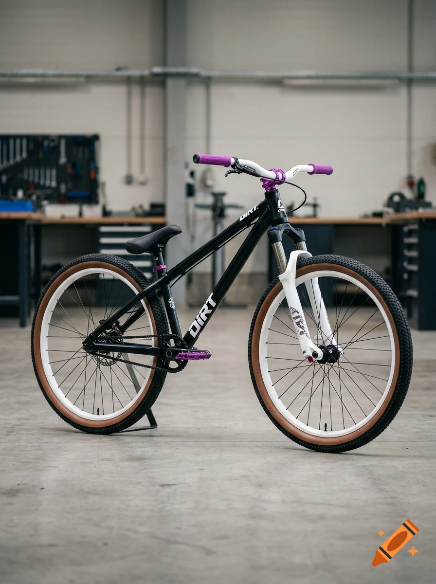 A black dirt jump bicycle with white rims, brown-walled tires, and purple handle grips and pedals is parked indoors in a workshop.
