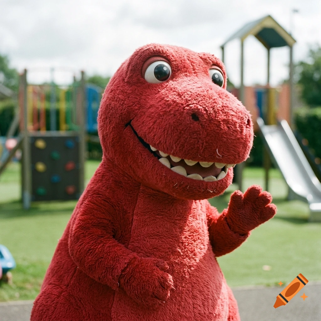 A fluffy red dinosaur mascot waving in front of a playground.