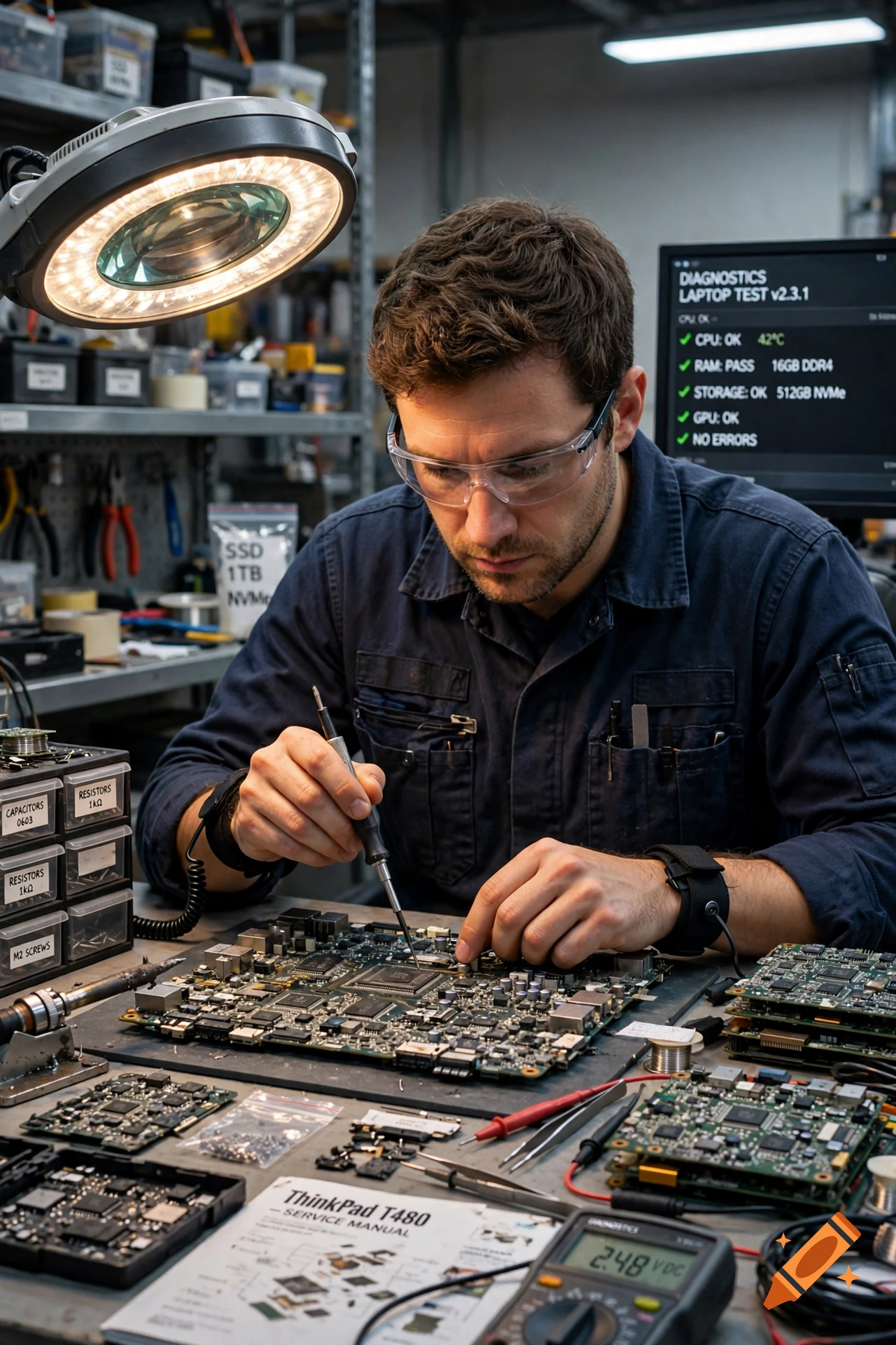 Photorealistic image of a technician repairing a circuit board at a workbench.
