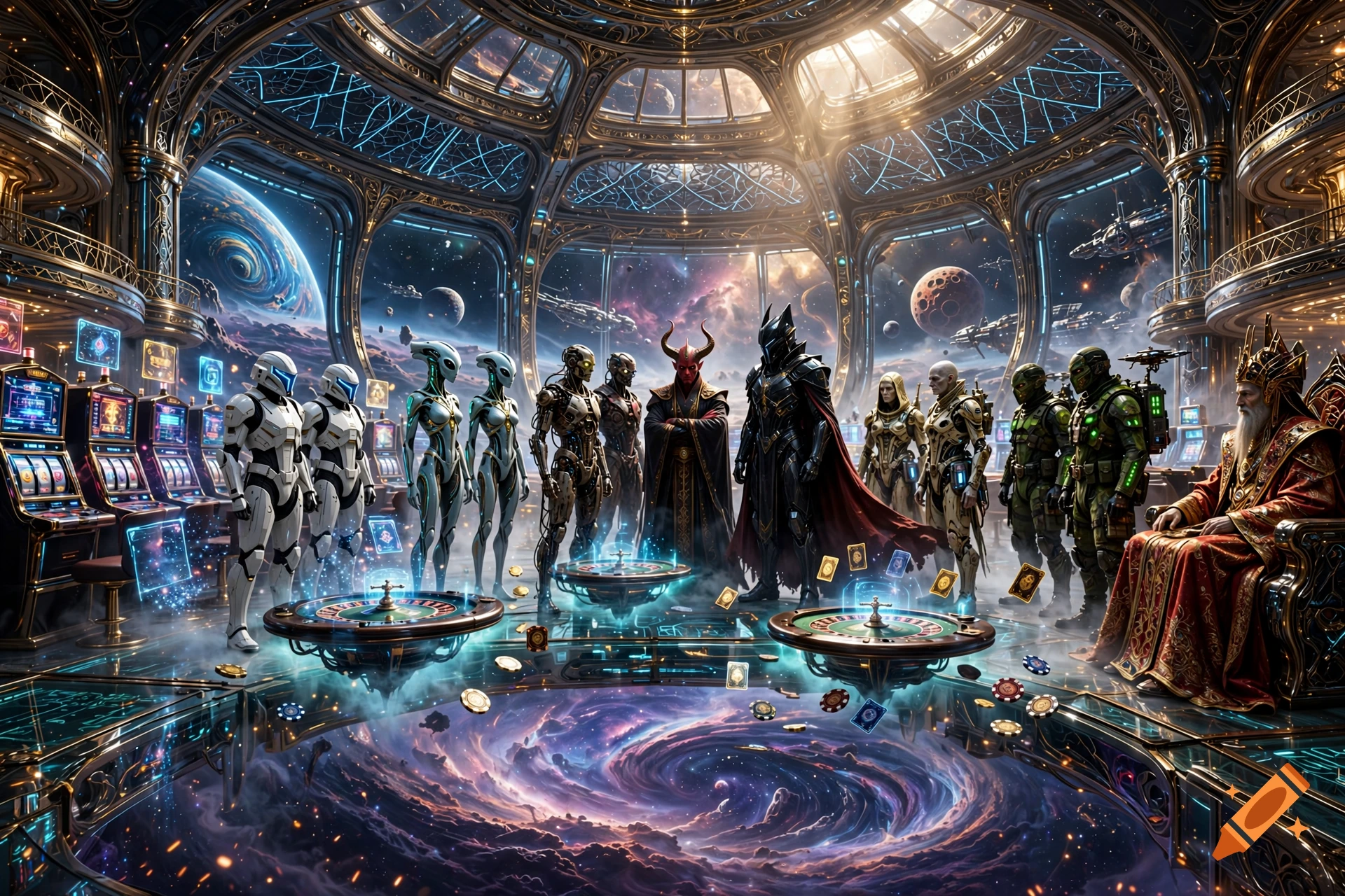 Sci-fi casino interior with diverse sci-fi and fantasy characters gathered around roulette tables overlooking a cosmic nebula.