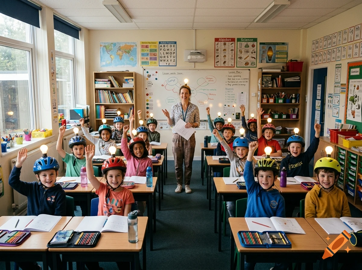 Photorealistic classroom scene with a teacher and children wearing helmets with lit lightbulbs on their heads, raising their hands.