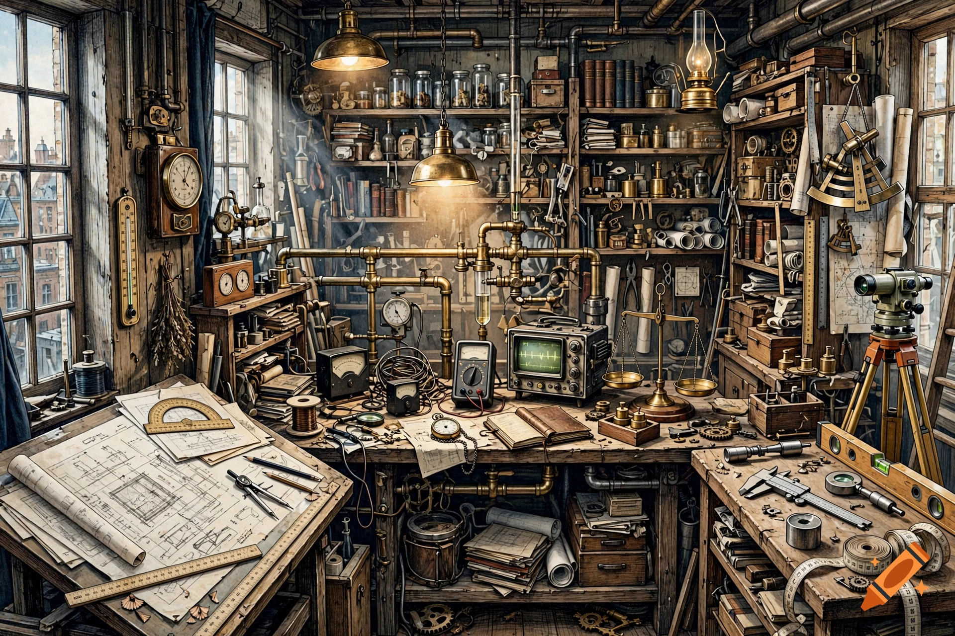 Detailed illustration of a cluttered vintage inventor's workshop filled with brass instruments, gauges, blueprints, and tools.