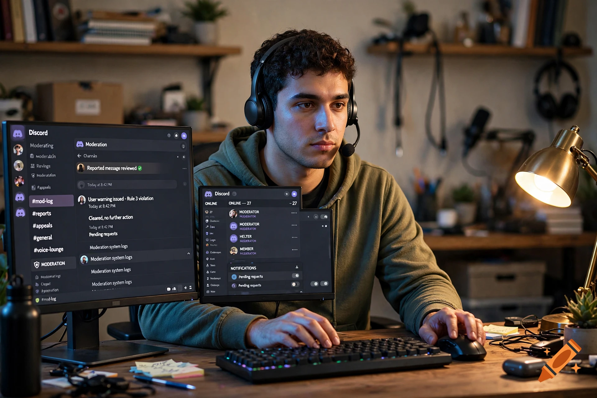 A young man wearing a headset sits at a wooden desk with multiple monitors displaying Discord, typing on a keyboard.