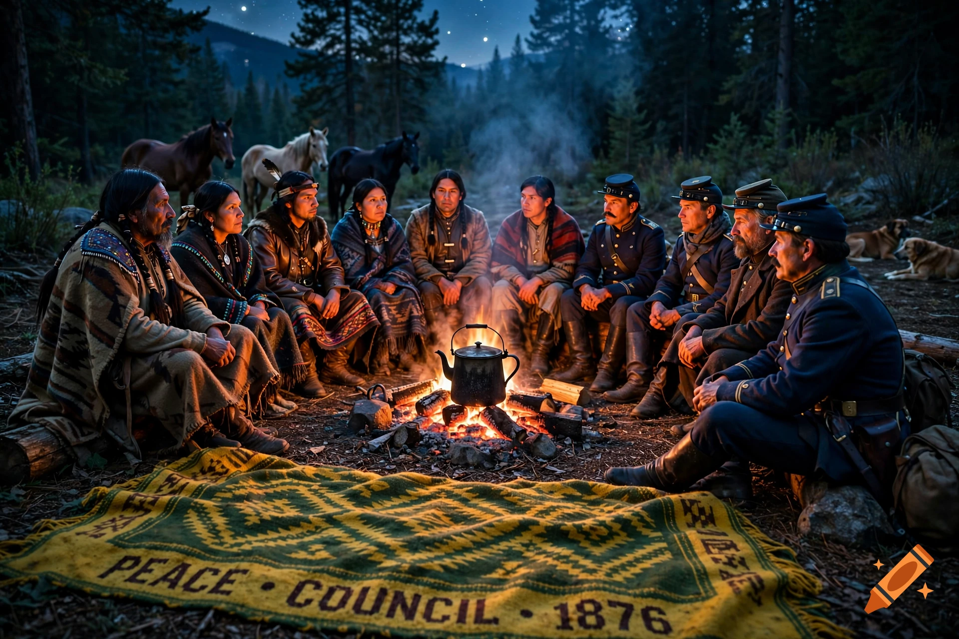Photorealistic scene of Native Americans and U.S. soldiers sitting in a circle around a campfire at night.