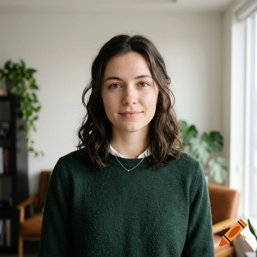 Photorealistic portrait of a young woman with shoulder-length wavy brown hair, wearing a green knit sweater, standing indoors.