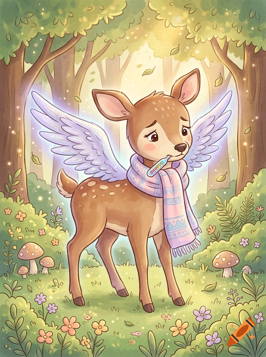 A cute winged fawn wearing a scarf and holding a thermometer in its mouth, standing in a sunny forest with flowers and mushrooms.
