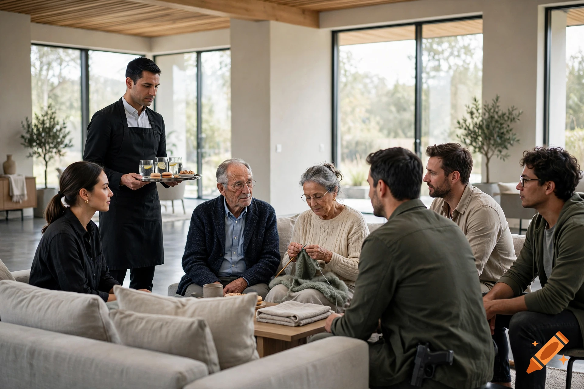 Photorealistic image of a diverse group of people gathered in a modern living room while a waiter serves drinks.