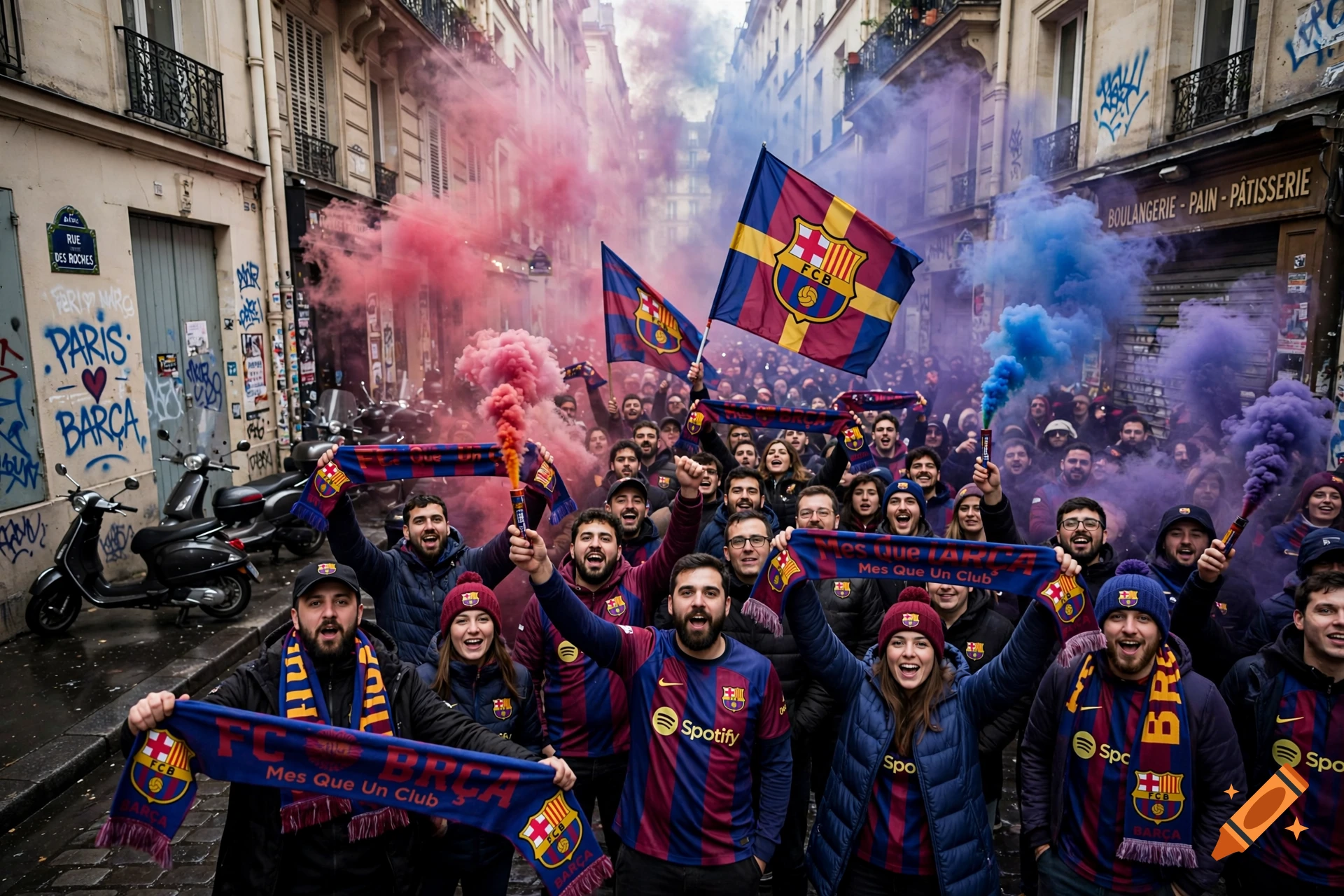 Photorealistic crowd of FC Barcelona supporters celebrating in a narrow Paris street with red and blue smoke flares, flags, and scarves.