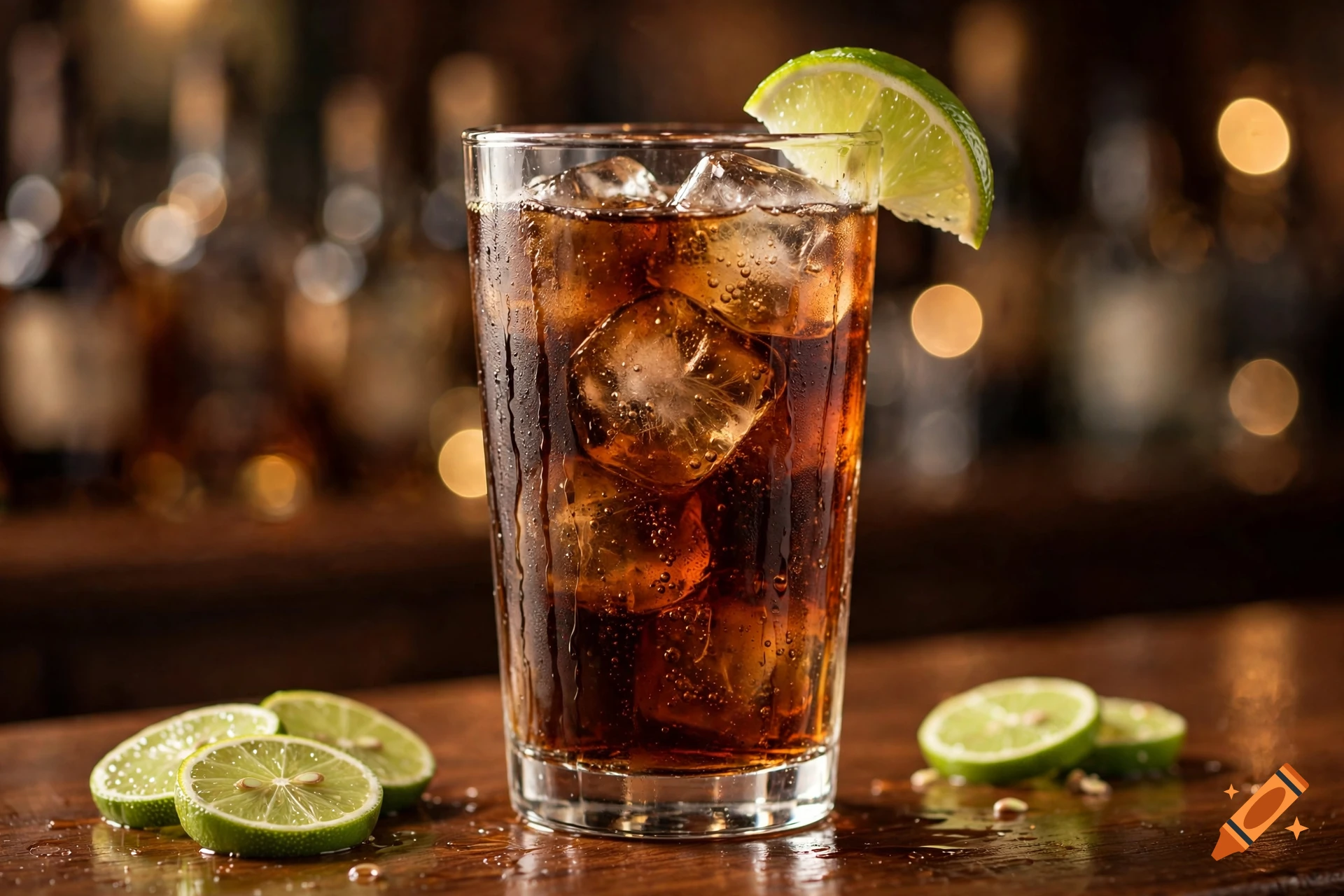 Photorealistic tall glass of rum and cola with ice and condensation on a wooden bar counter with lime slices.
