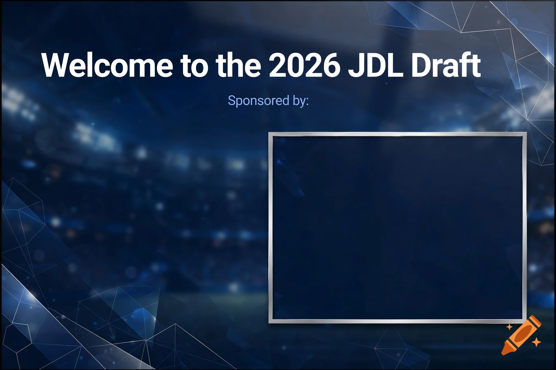 A presentation slide welcoming viewers to the 2026 JDL Draft with a metallic frame placeholder on a dark blue abstract stadium background.