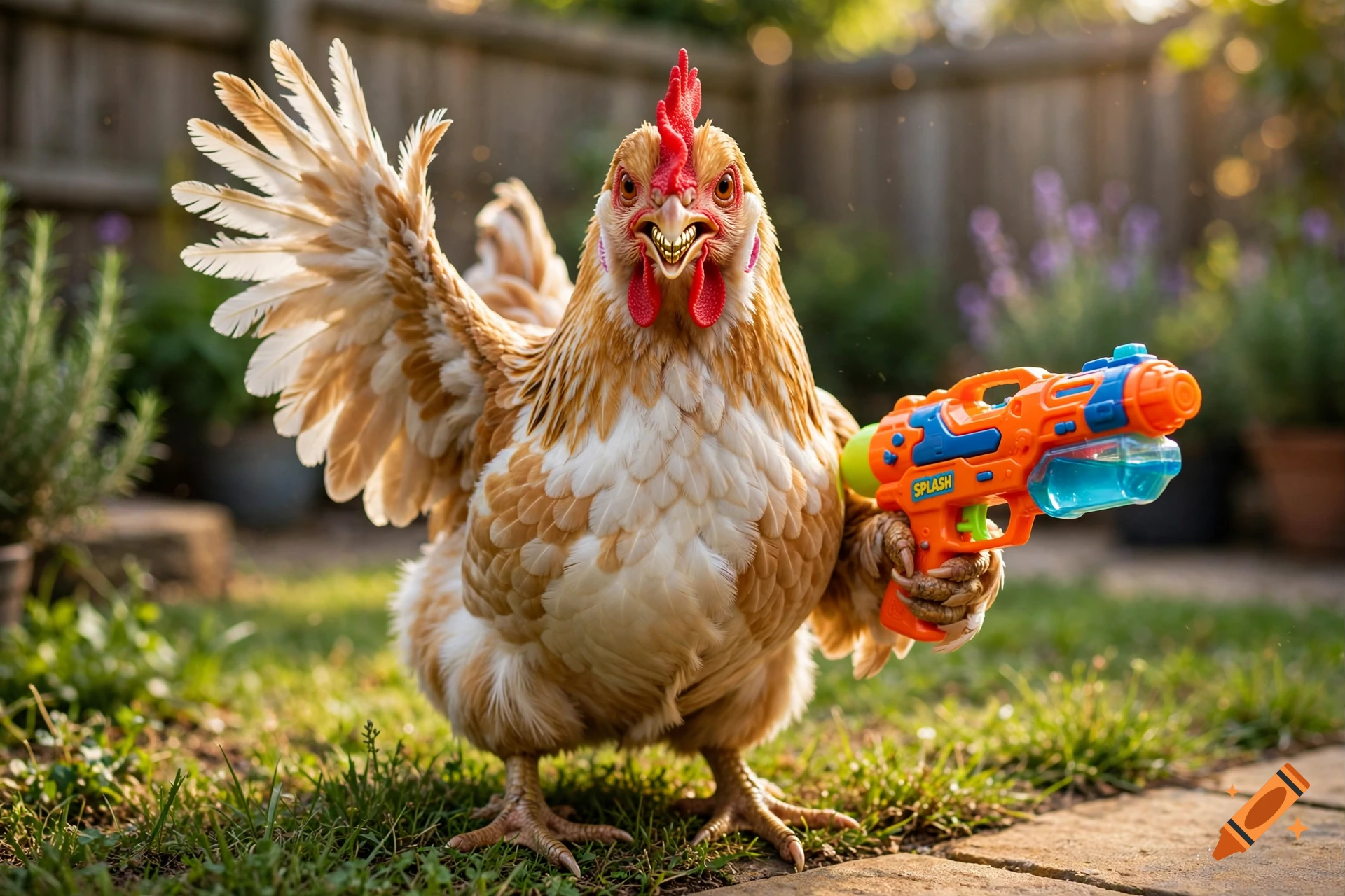 Photorealistic image of a golden chicken wearing gold grills, waving, and holding an orange water gun in a backyard.