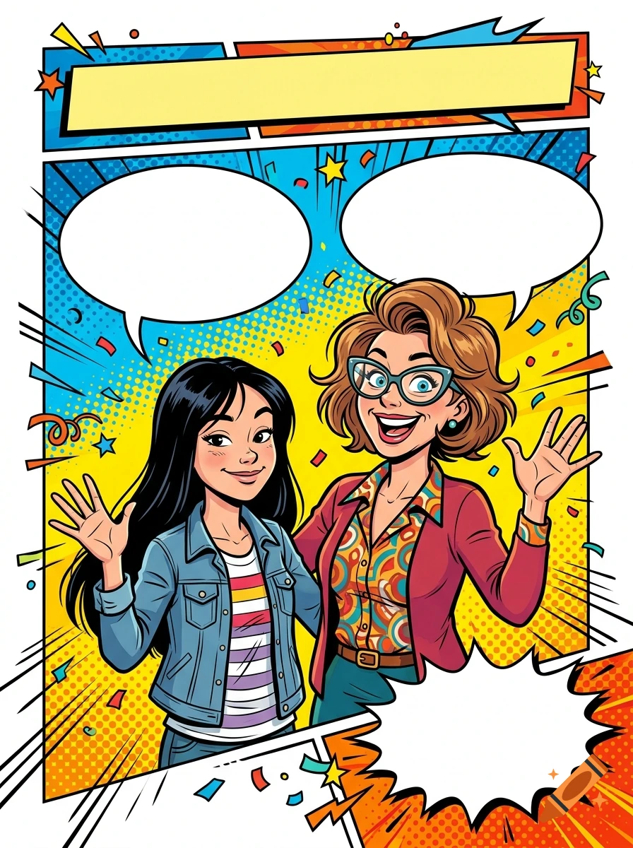 Colorful Franco-Belgian style comic book panel with two smiling female characters waving, speech bubbles, and pop-art background.
