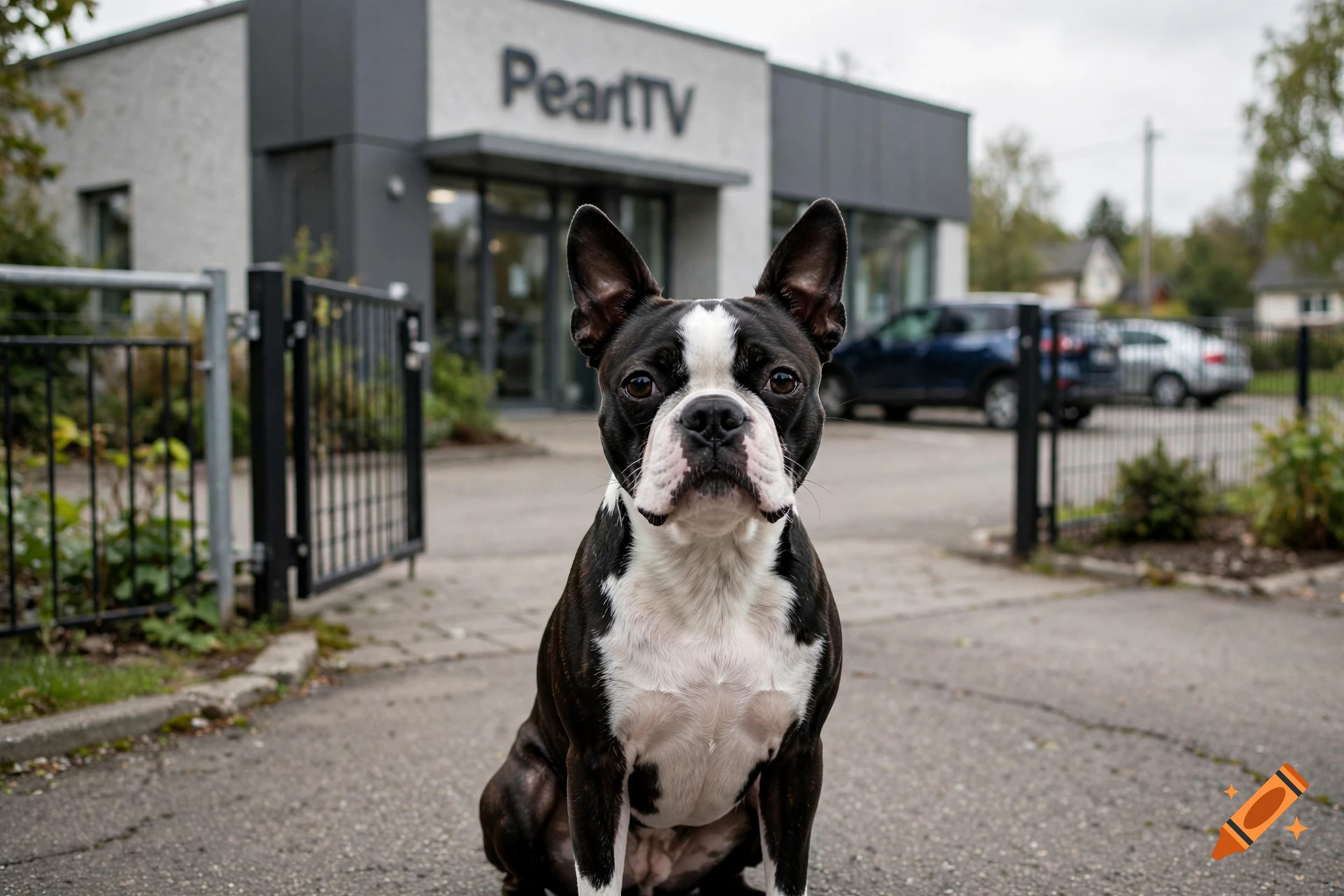 Photorealistic image of a Boston terrier sitting in front of a building with the sign PearlTV in Dassel.