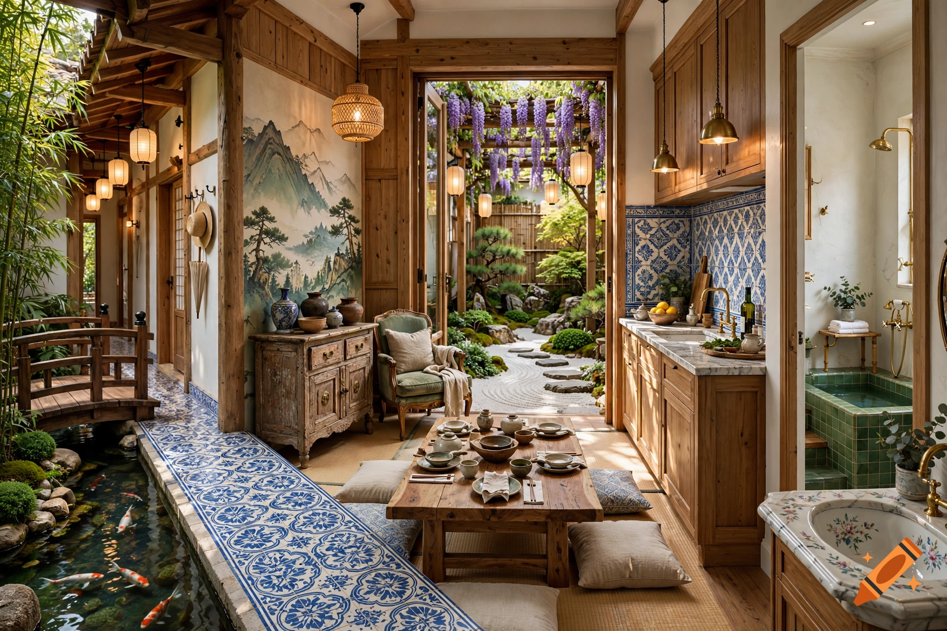 Photorealistic Japanese-Portuguese fusion house interior featuring a koi pond, wooden architecture, and a central garden view.