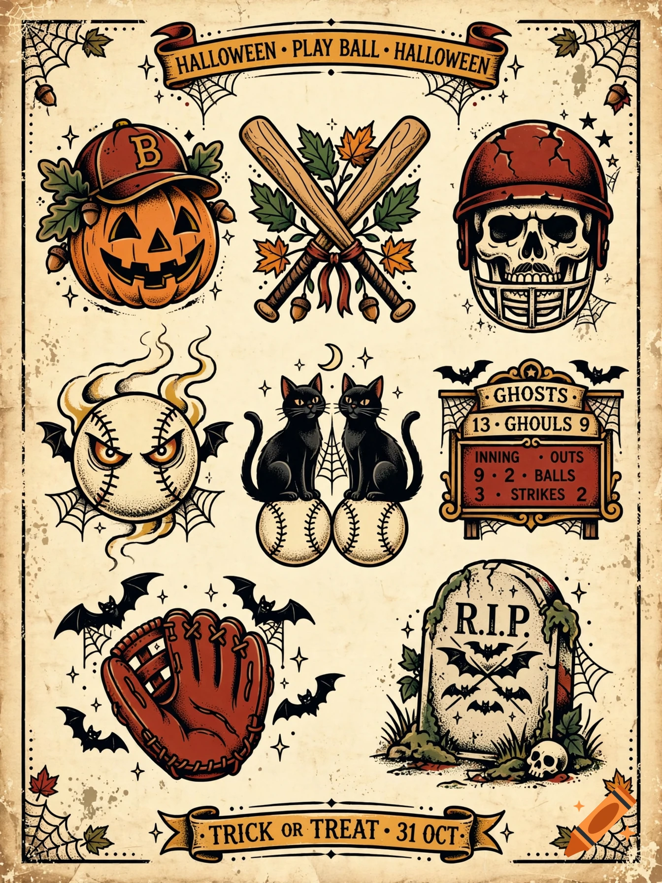 American traditional tattoo flash sheet featuring Halloween and baseball themed designs in a vintage style.