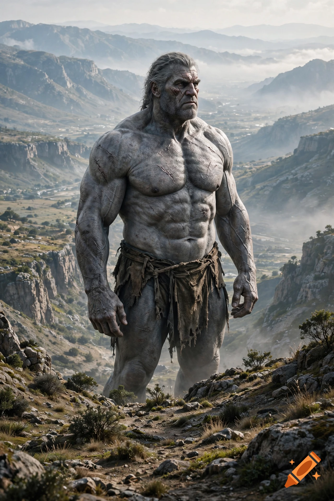 A muscular, giant-like humanoid figure standing amidst a mountainous landscape with rocky terrain and distant ridges.