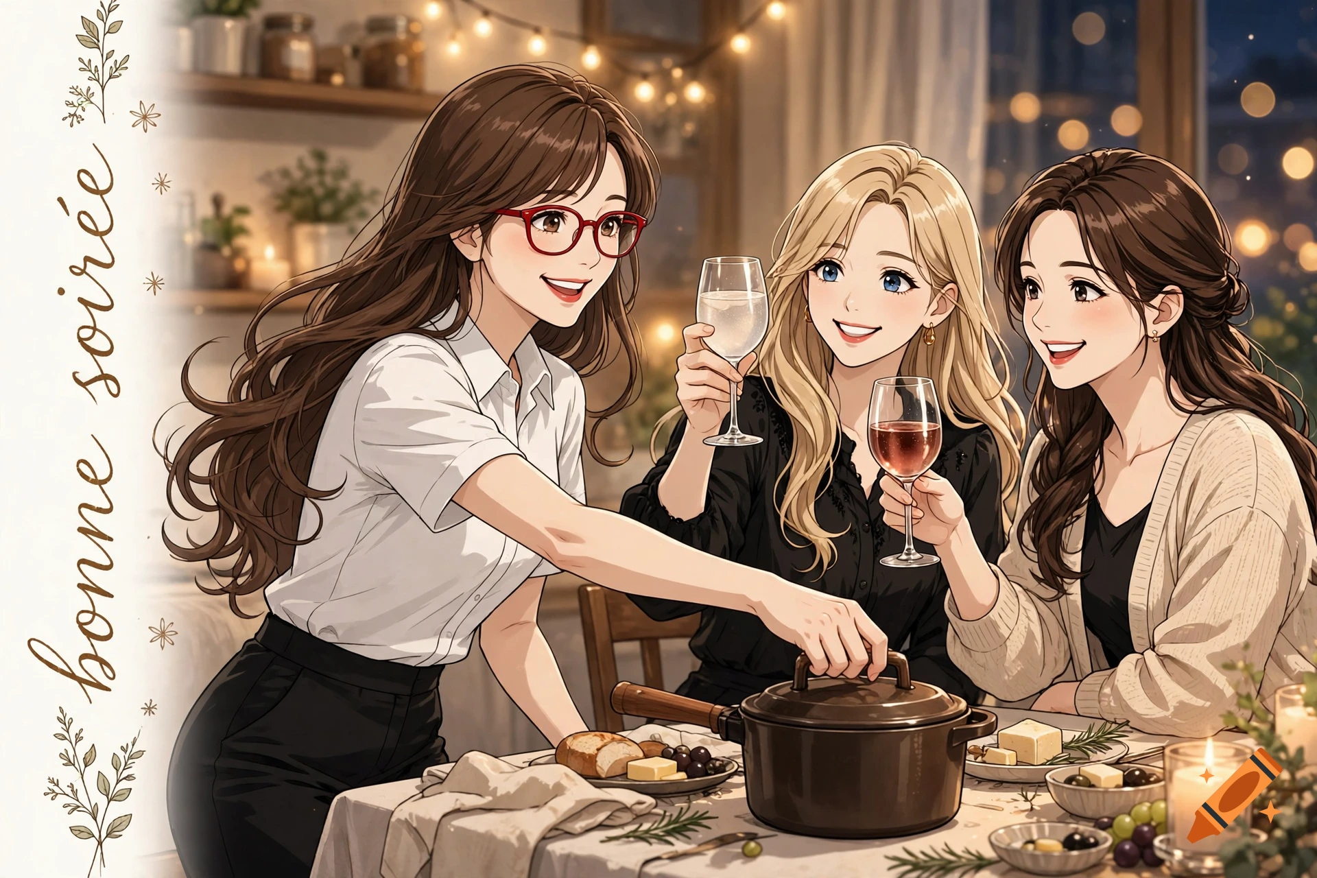 Manga-style illustration of three smiling women gathered around a dining table, toasting with wine and champagne glasses.