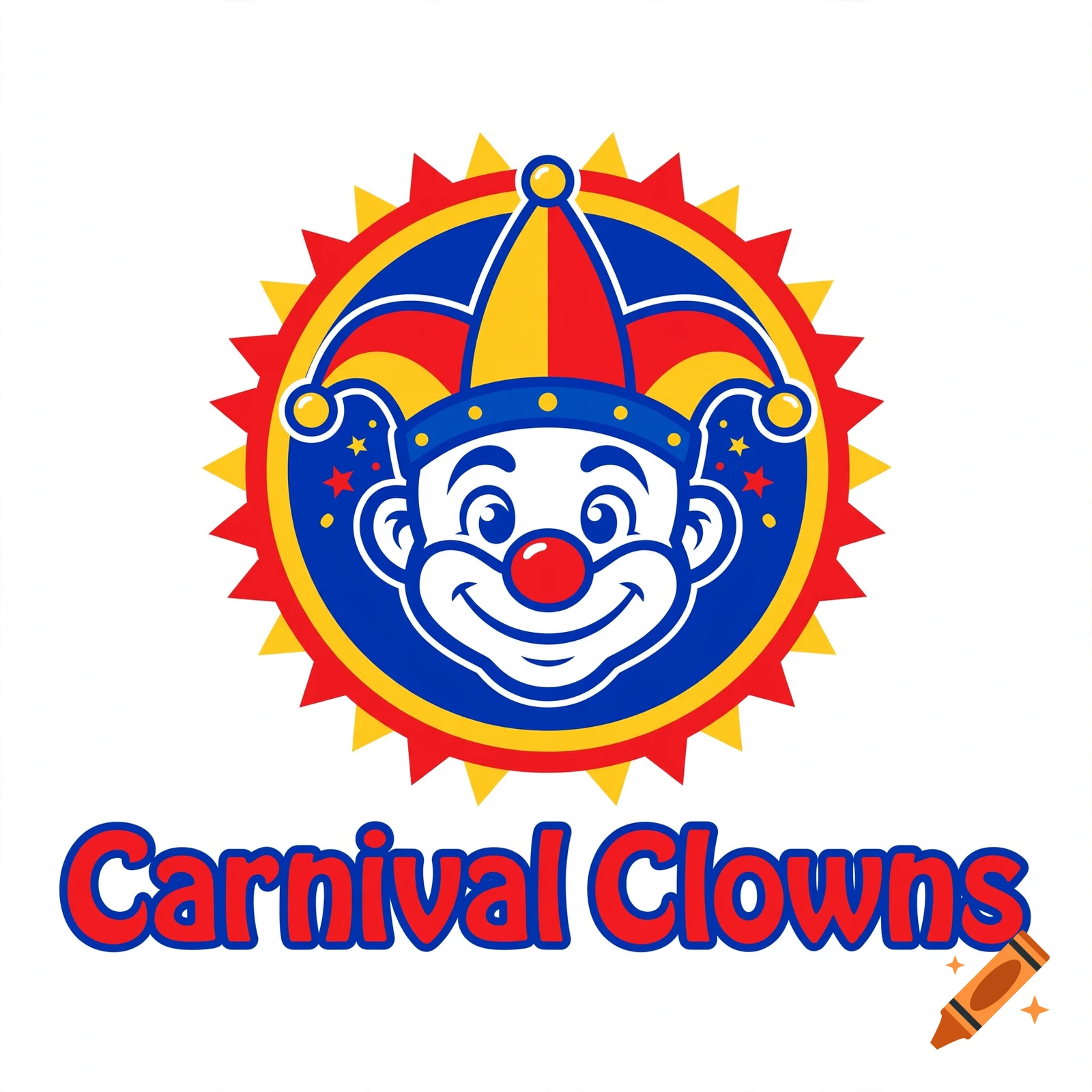 Carnival clowns logo featuring a smiling jester face inside a blue circle with a red and yellow starburst border.