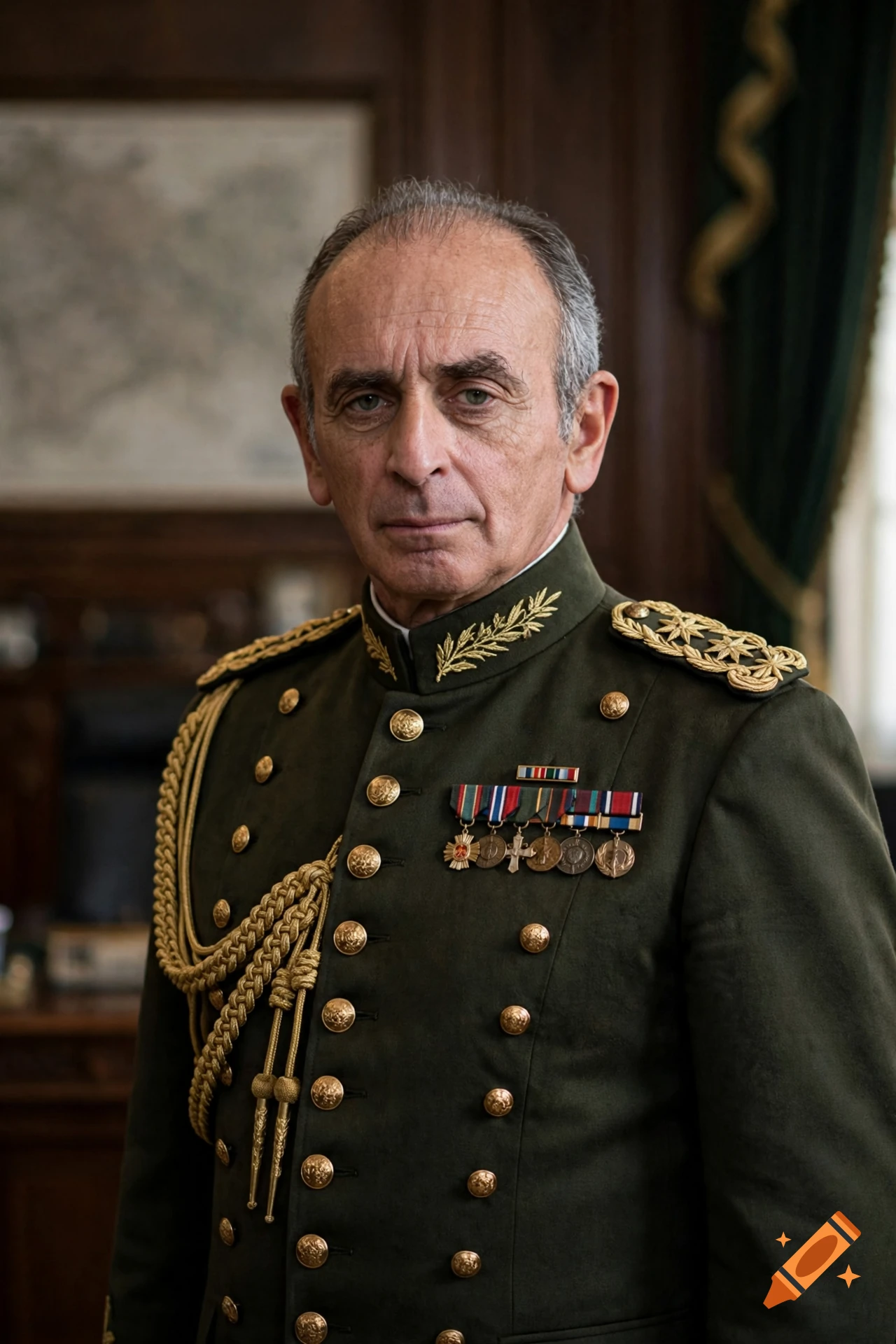 Photorealistic portrait of a middle-aged man with graying hair in a green military uniform with medals and gold braided epaulets.
