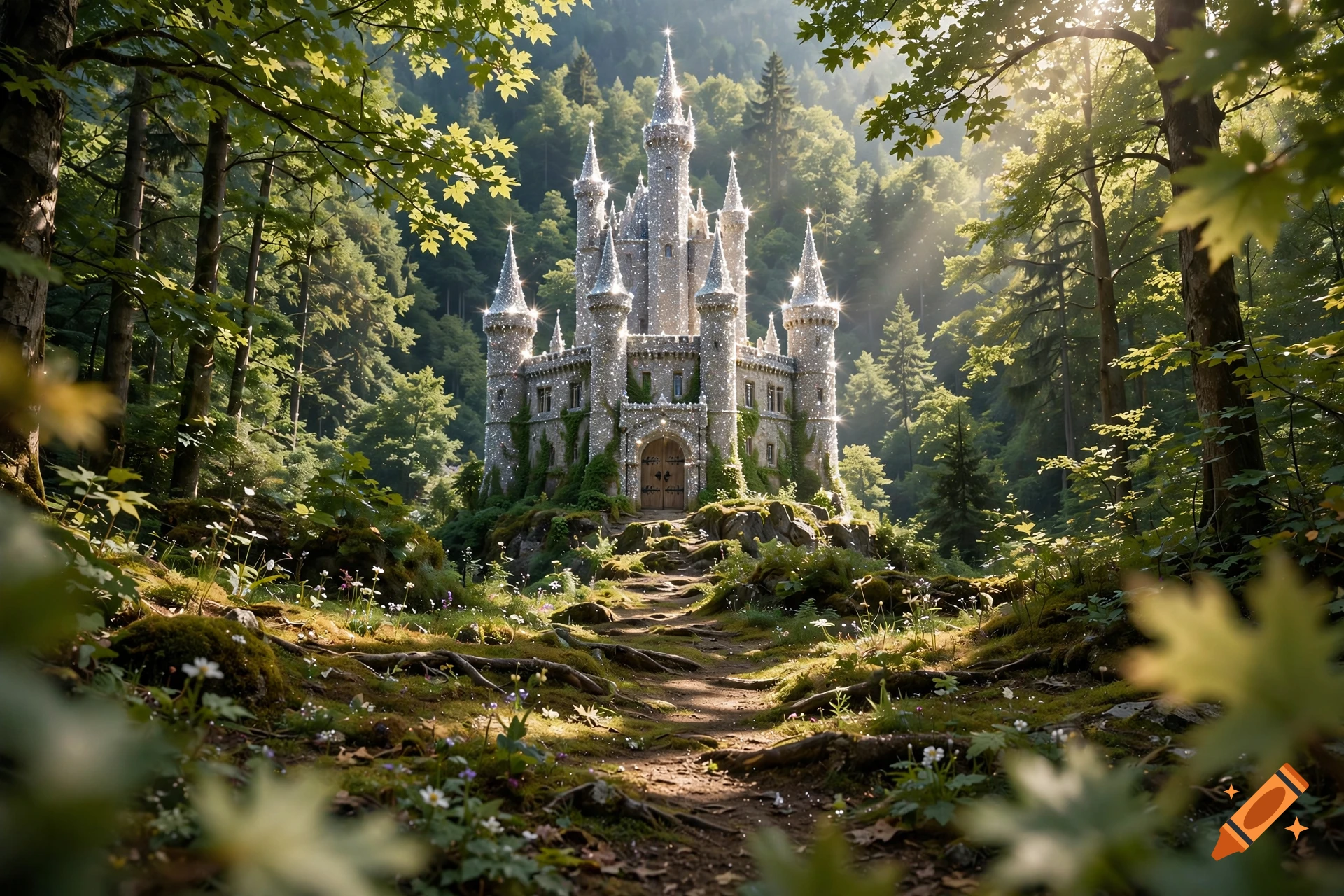 A photorealistic tall sparkly castle nestled in the middle of a lush green forest on a sunny day.