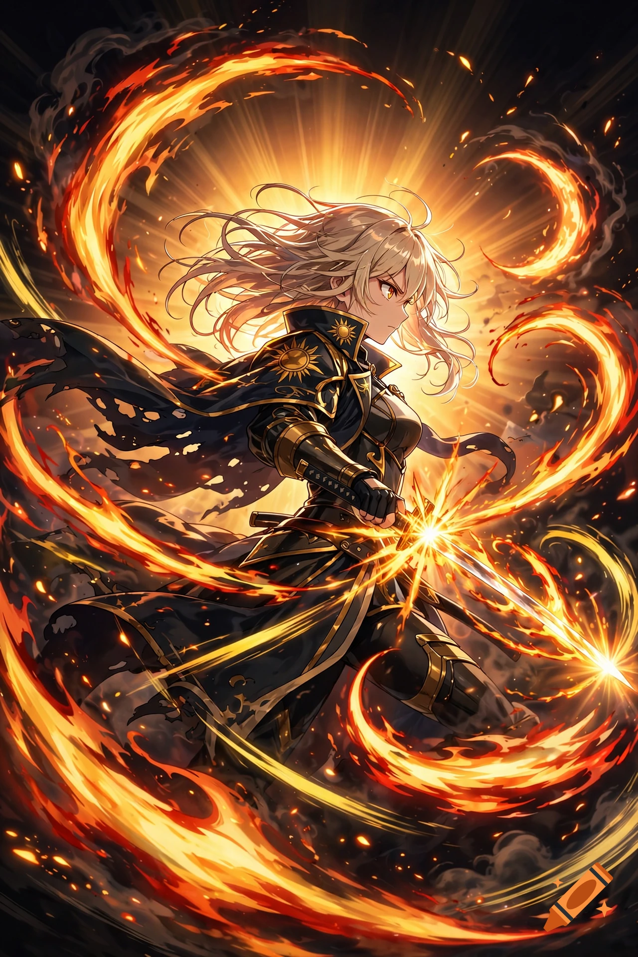 Anime illustration of a warrior in black and gold armor wielding a sword surrounded by swirling flames.