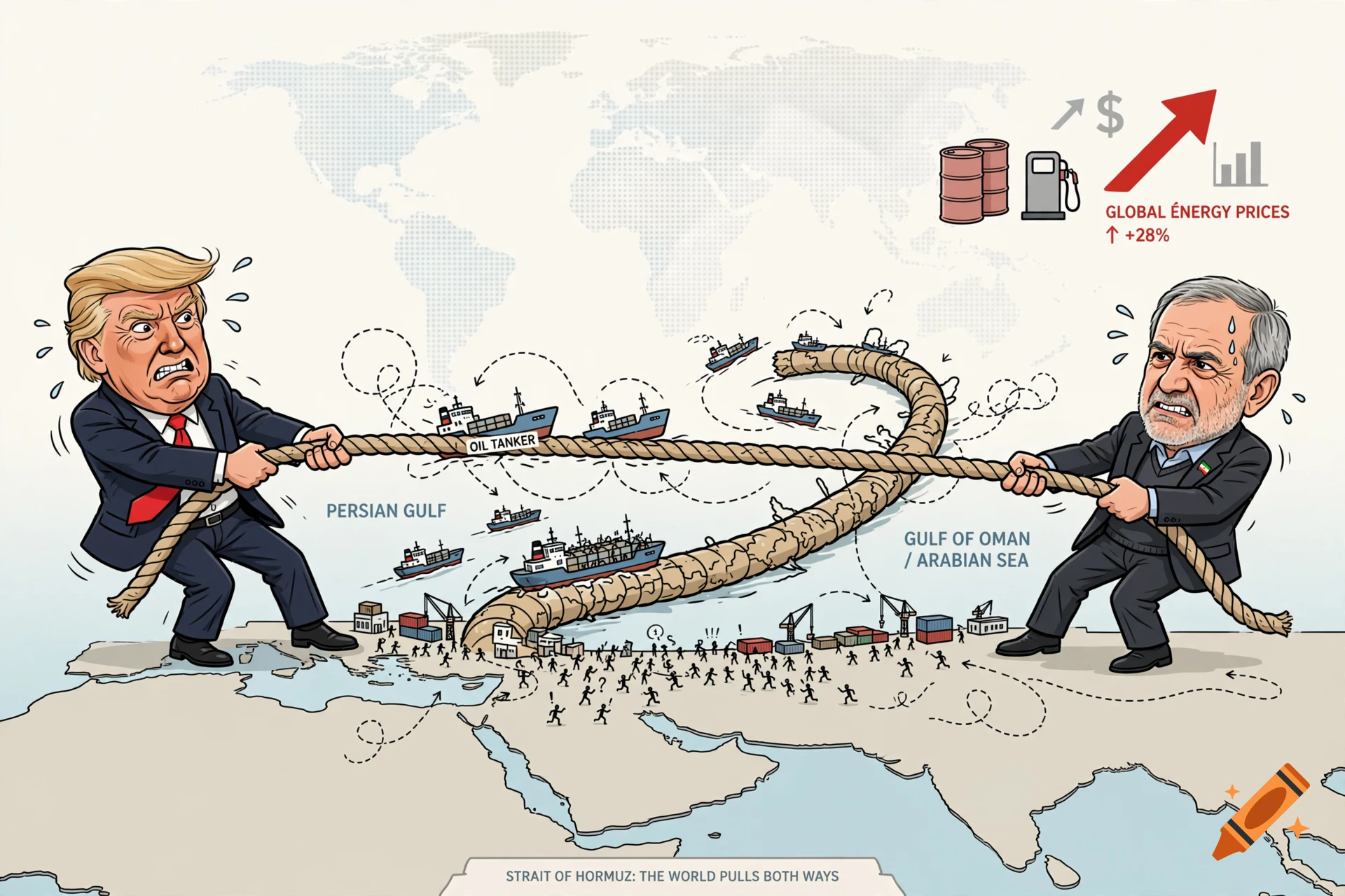 Political cartoon of Donald Trump and Masoud Pezeshkian in a tug-of-war with a rope shaped like the Strait of Hormuz.