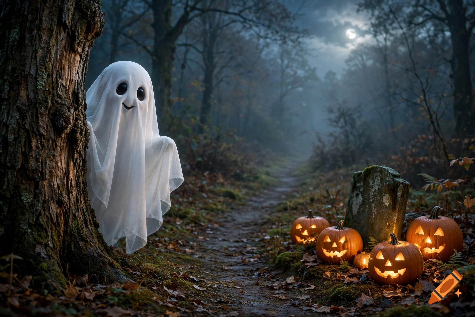 Cute white sheet ghost with large black eyes peeking from behind a tree in a misty forest with glowing jack-o'-lanterns and a moonlit sky.