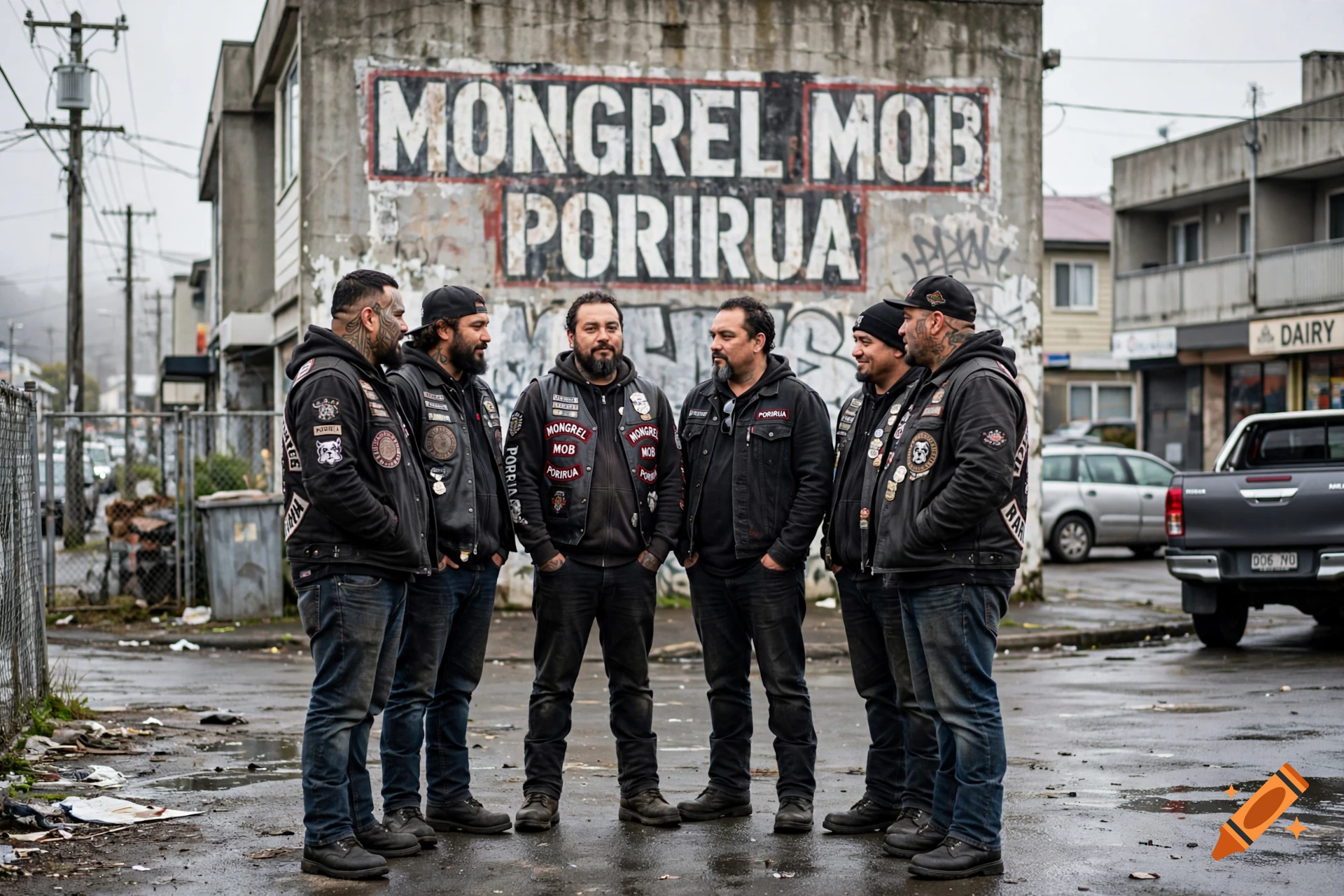 Photorealistic image of six men in black leather vests standing together on a wet street in front of a painted wall reading Mongrel Mob Porirua.