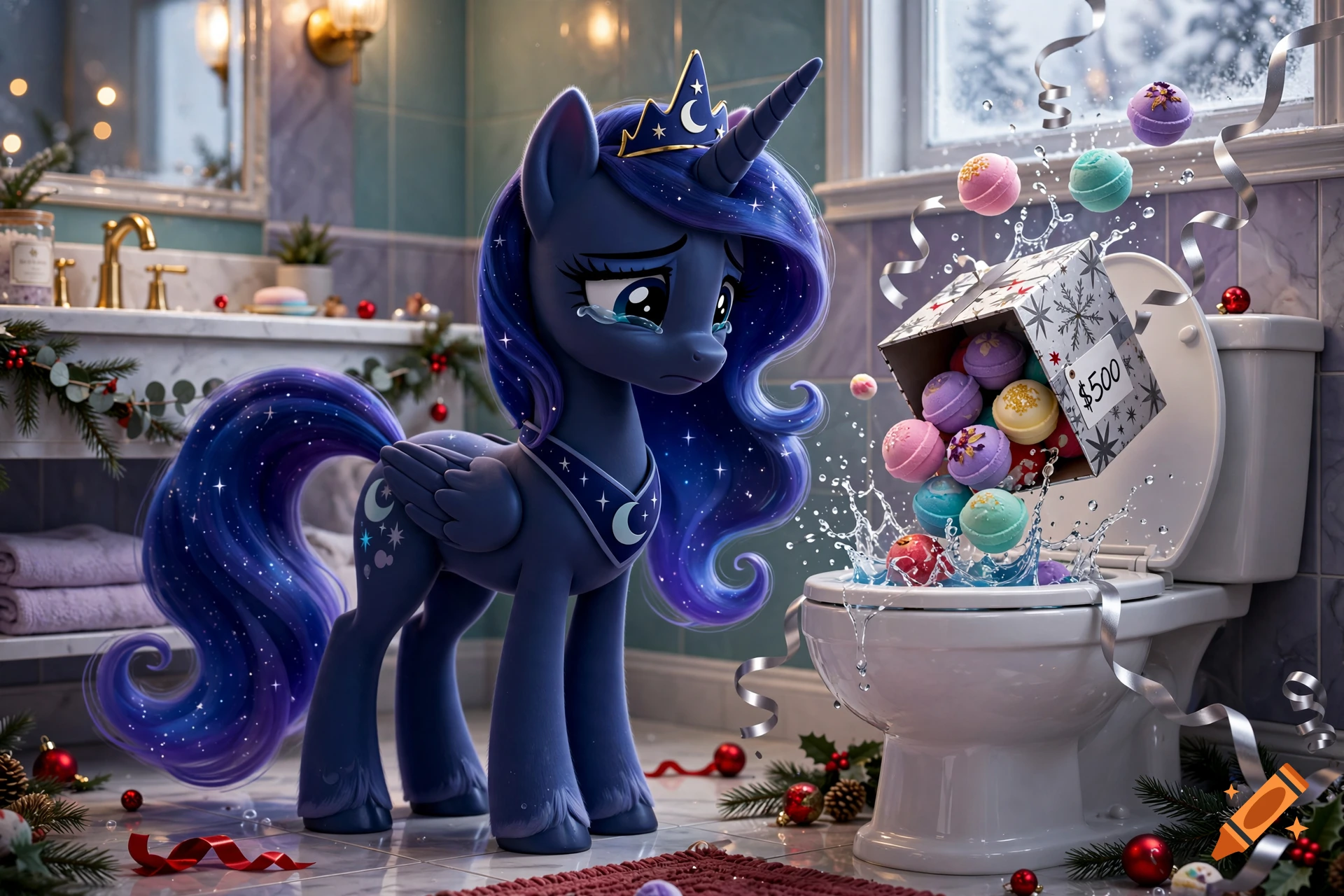 3D render of Princess Luna looking sad as a box of $500 bath bombs falls into a toilet in a bathroom.