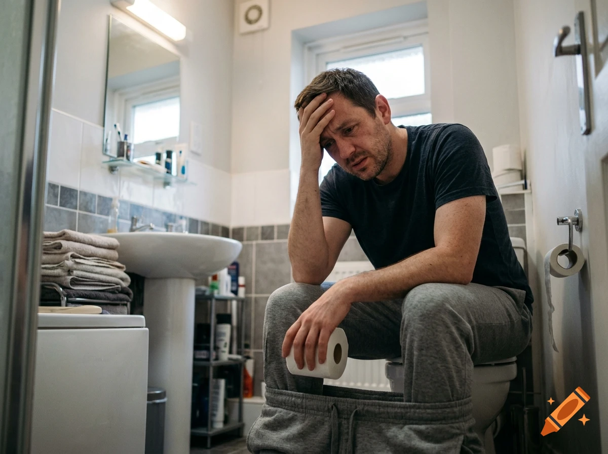 A distressed man sitting on a toilet in a bathroom holding his head and a toilet paper roll, photorealistic.