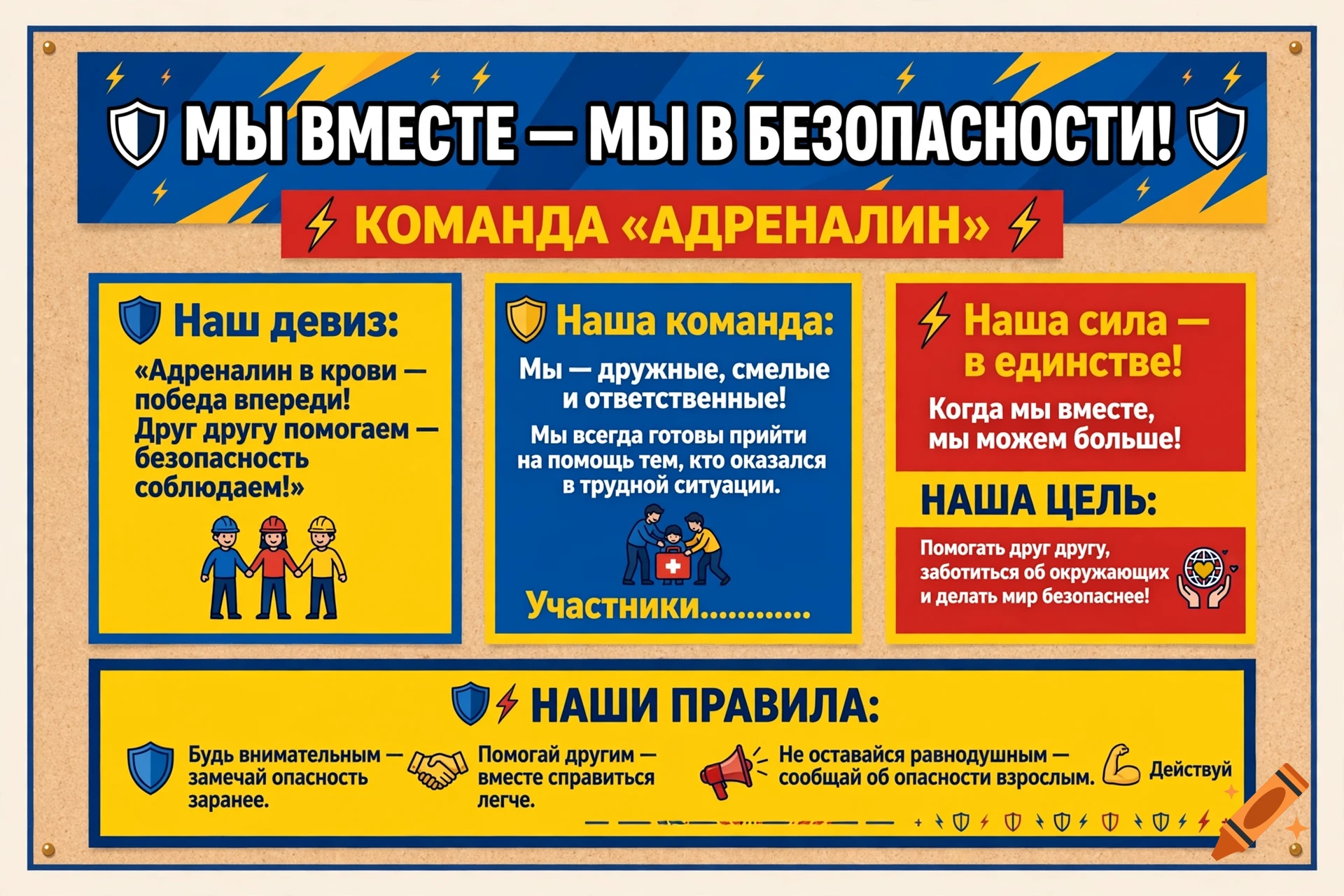 A wall newspaper poster in Russian with colorful sections, shields, and text about safety and unity.