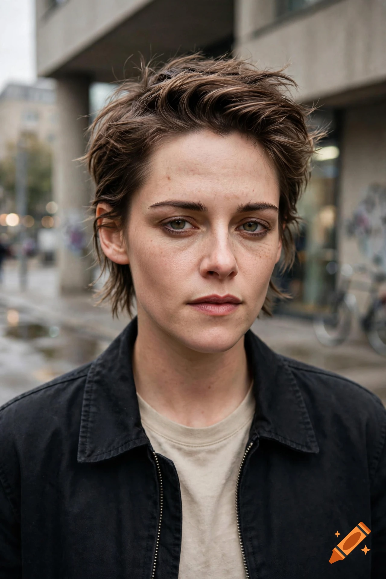 Photorealistic close-up portrait of Kristen Stewart with short messy hair, wearing a black jacket, outdoors.