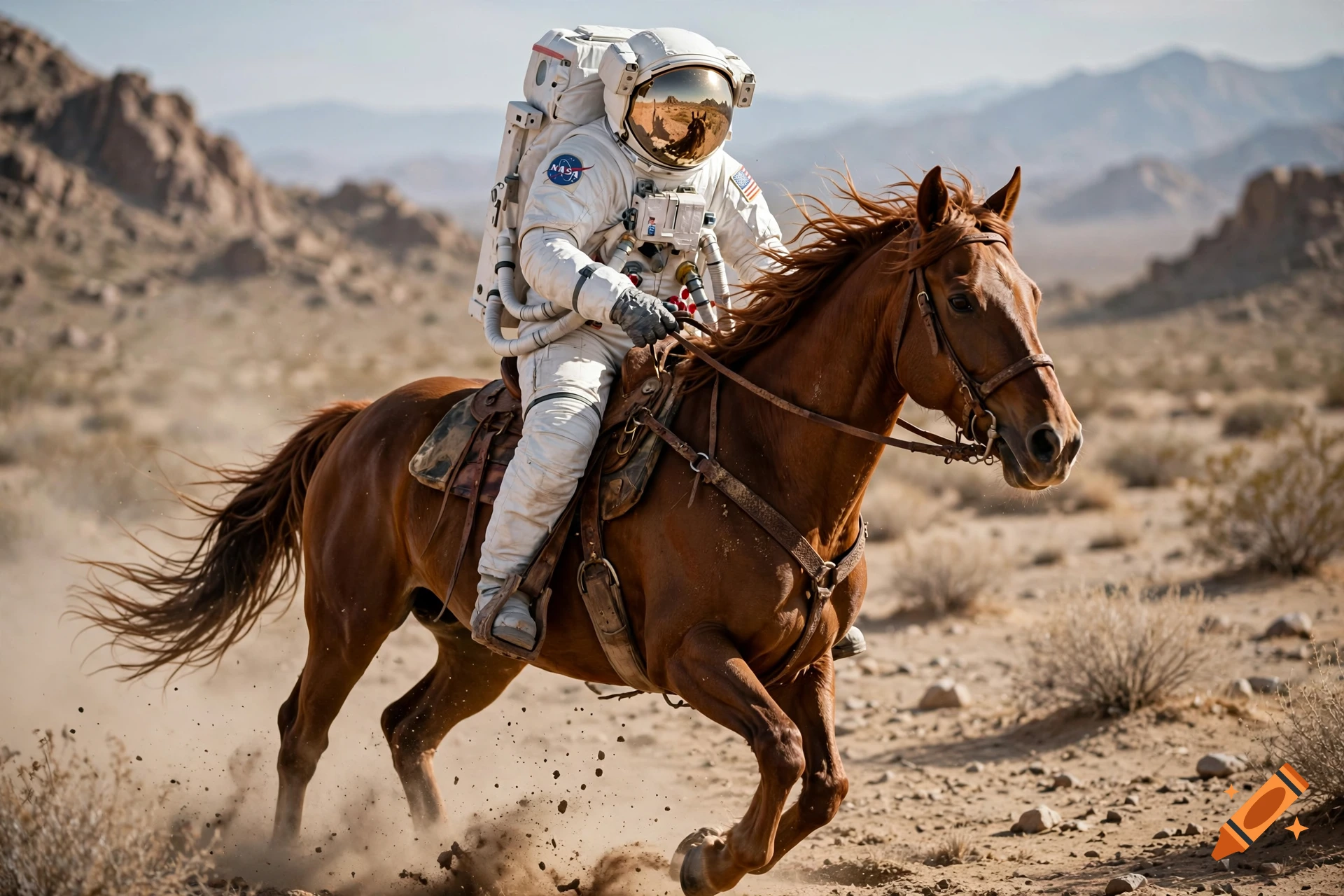 An astronaut wearing a white spacesuit rides a brown horse through a desert landscape with mountains in the background.