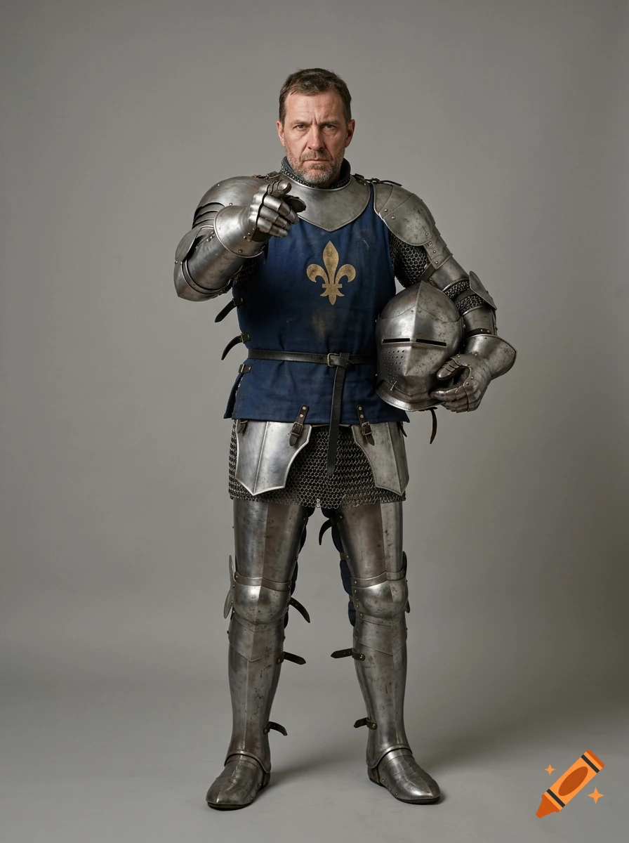 Full-length photorealistic portrait of a French knight in steel armor with a blue tunic and fleur-de-lis, pointing at the camera.