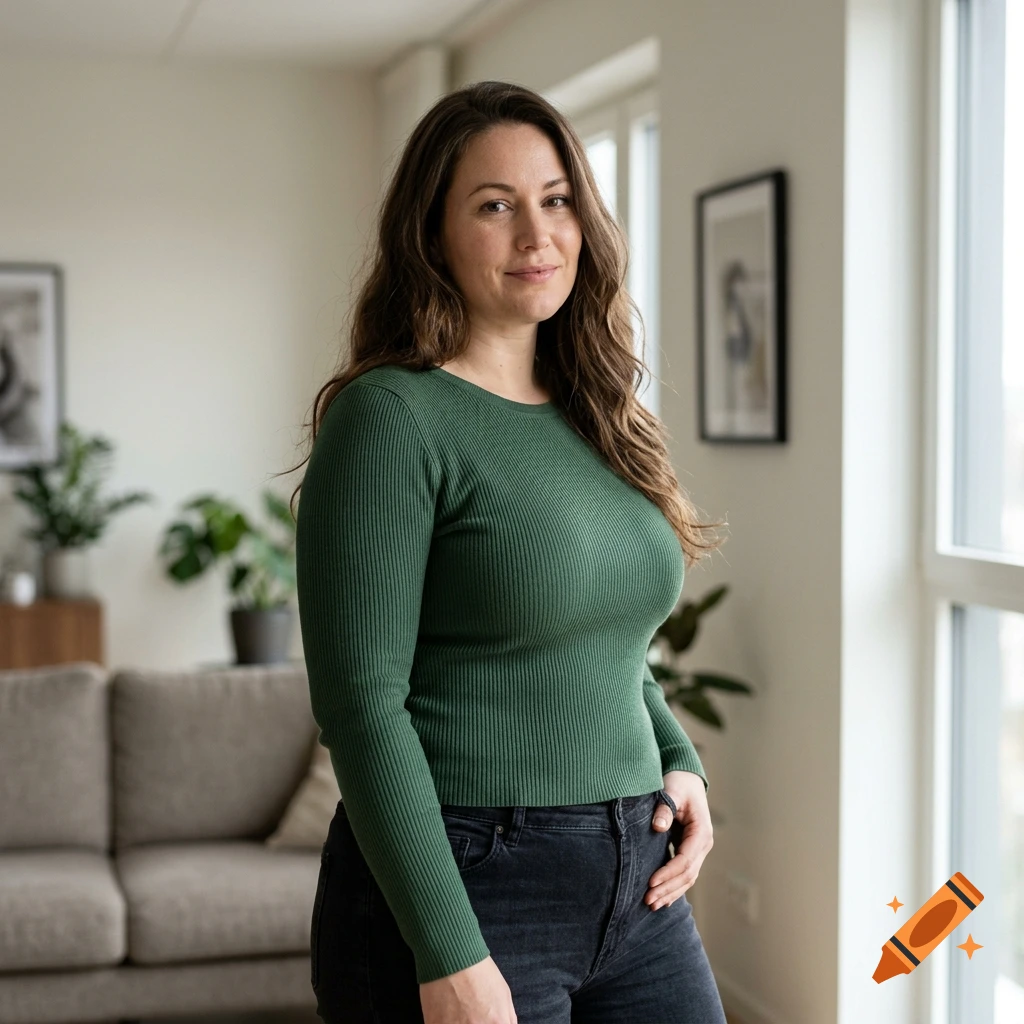 Photorealistic portrait of a brunette woman standing indoors wearing a green ribbed long-sleeve top and black jeans.