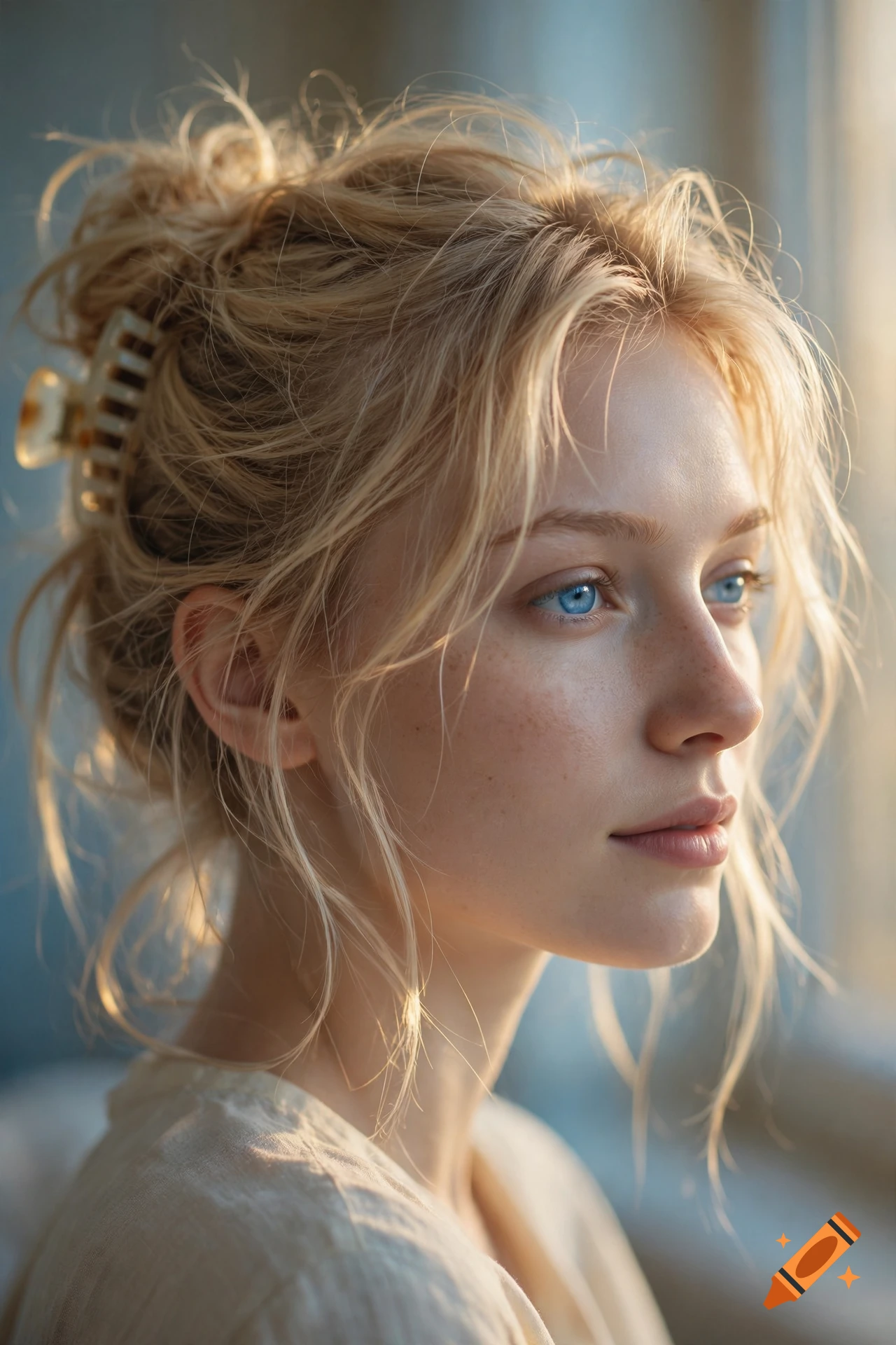 Close-up photorealistic portrait of a young blonde woman with blue eyes, freckles, and her hair up in a messy claw clip bun.