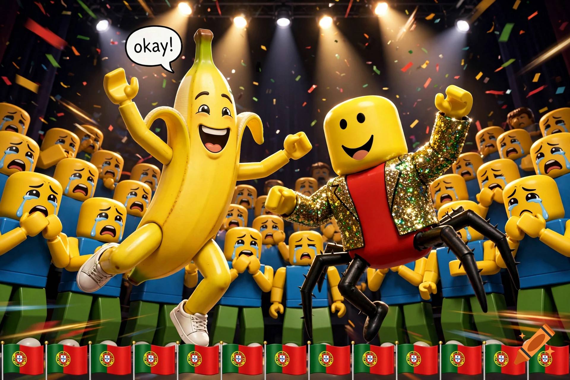 Roblox banana and Despacito spider dancing on a stage in front of a crying crowd of Roblox noobs under spotlights.