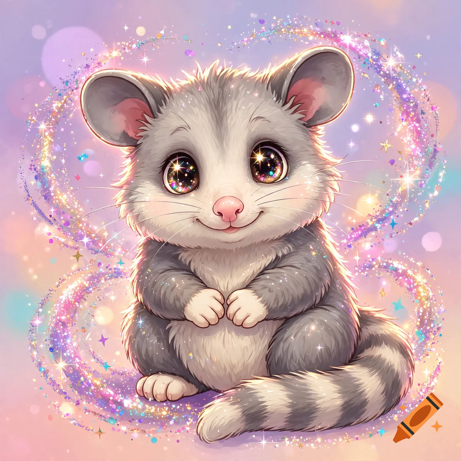 An adorable chinchilla surrounded by sparkling magical dust and light effects.