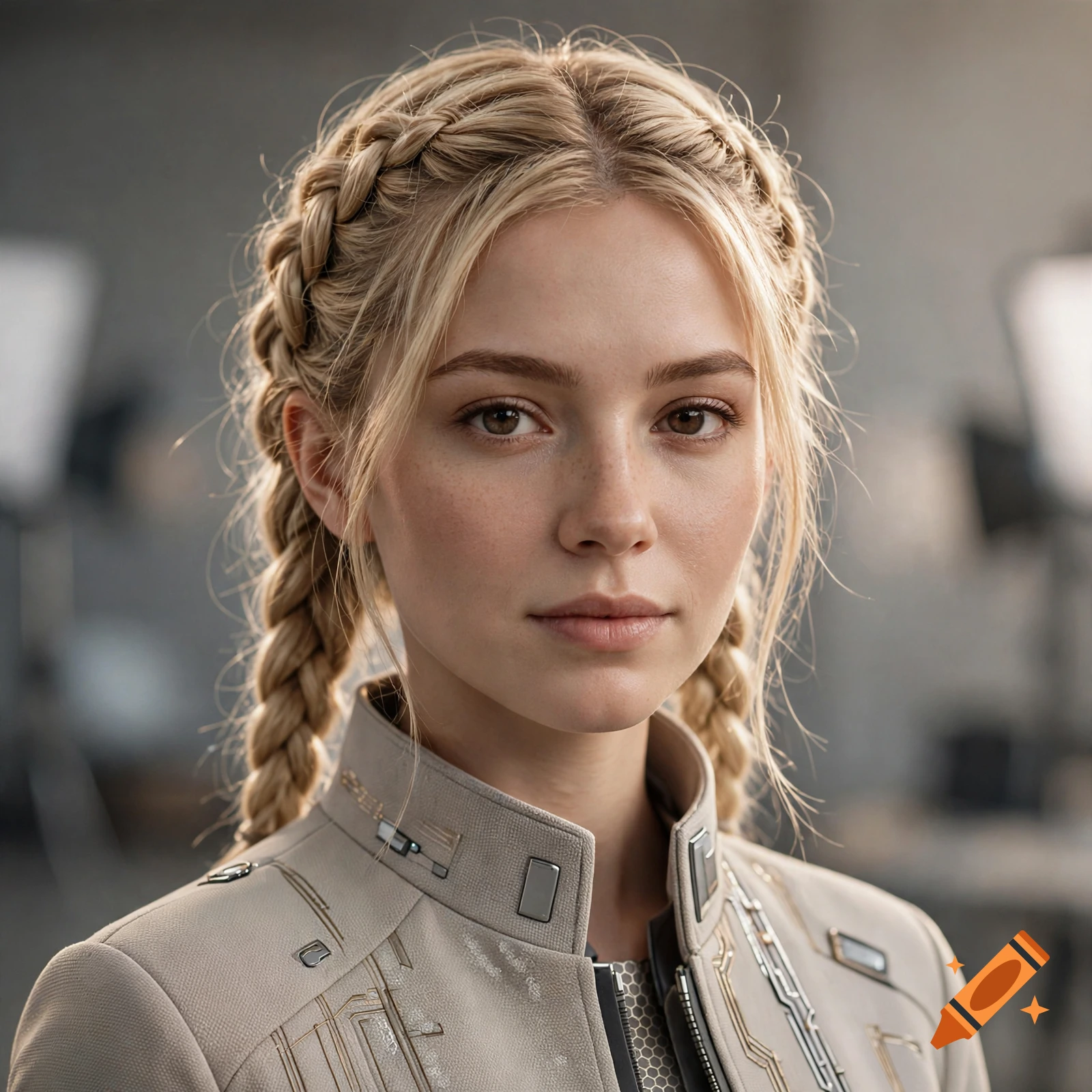 Photorealistic close-up portrait of a young woman with blonde braided hair wearing a futuristic high-collar jacket.