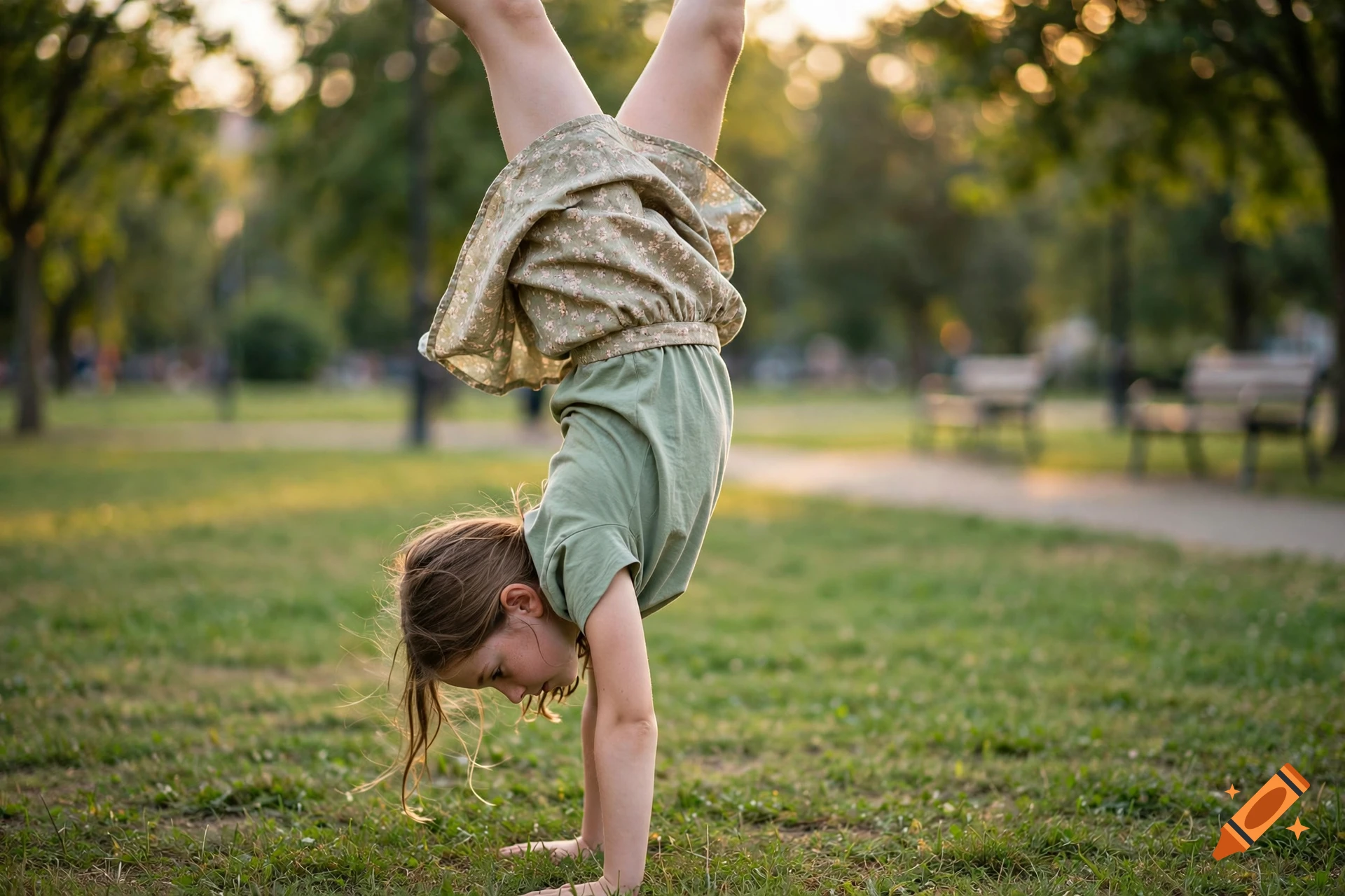 A young girl doing a handstand in a park during sunset, wearing a green t-shirt and skirt.